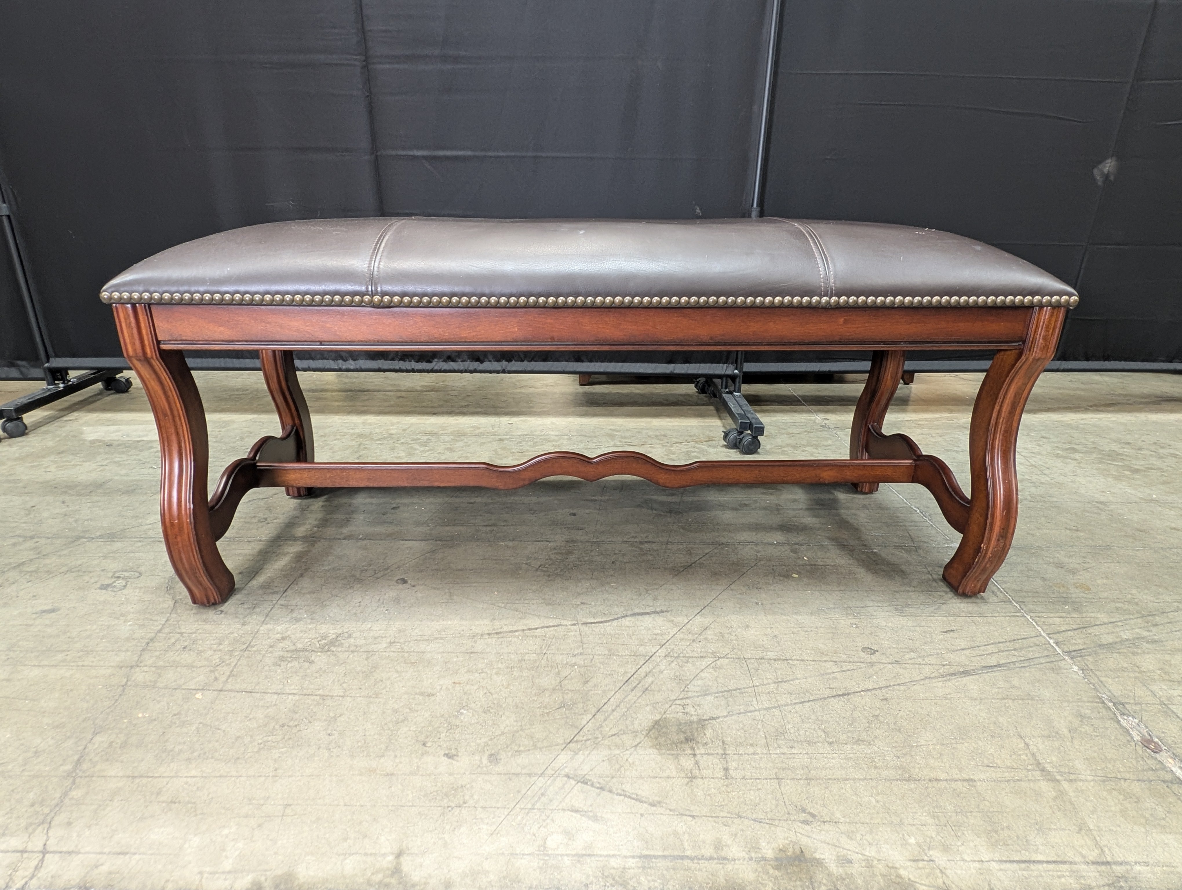 Dark Brown Upholstered Wood Bench with Nailhead Trim