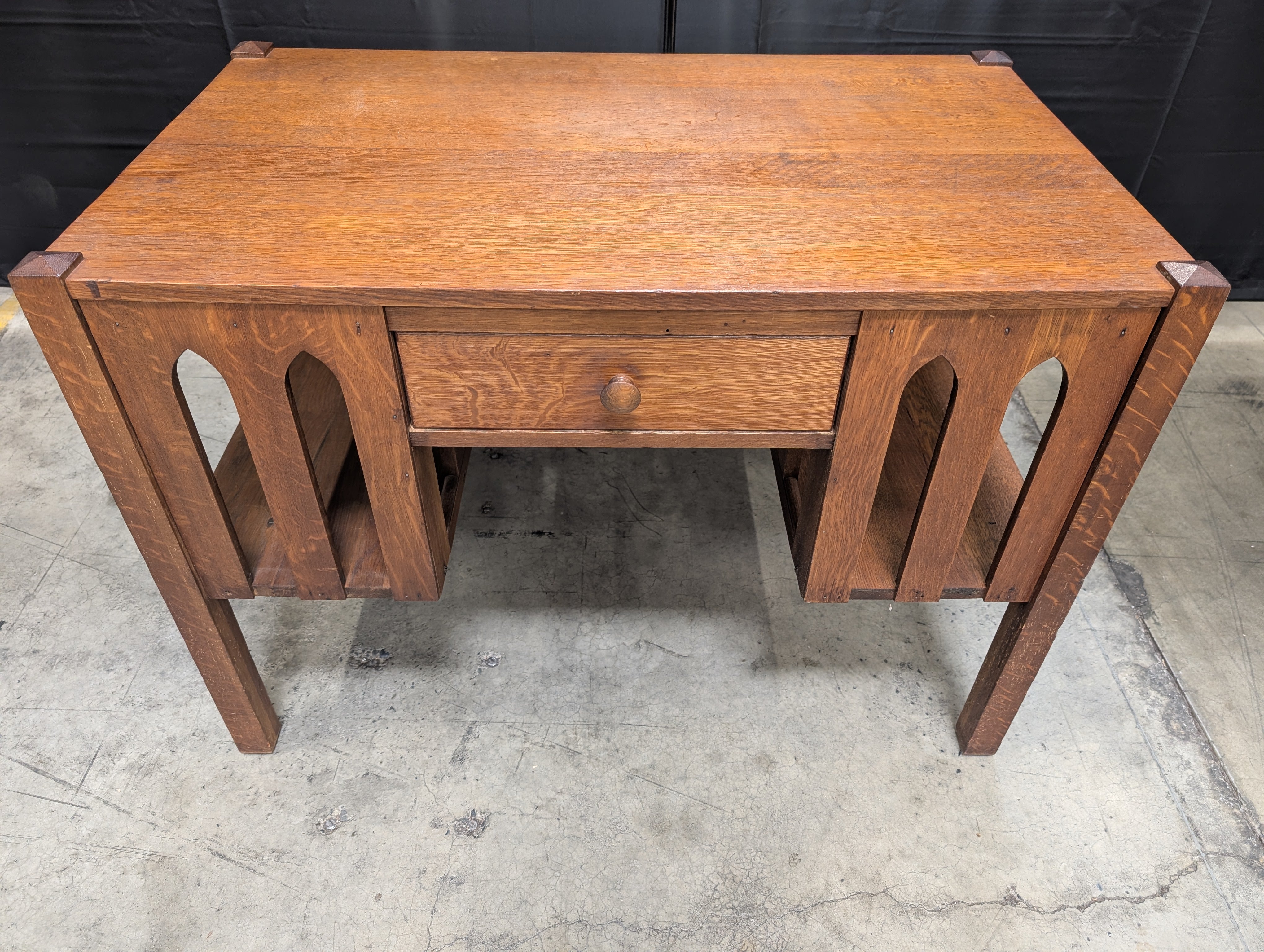 Vintage Dark Stained Wood Writing Desk with Arched Side Panels