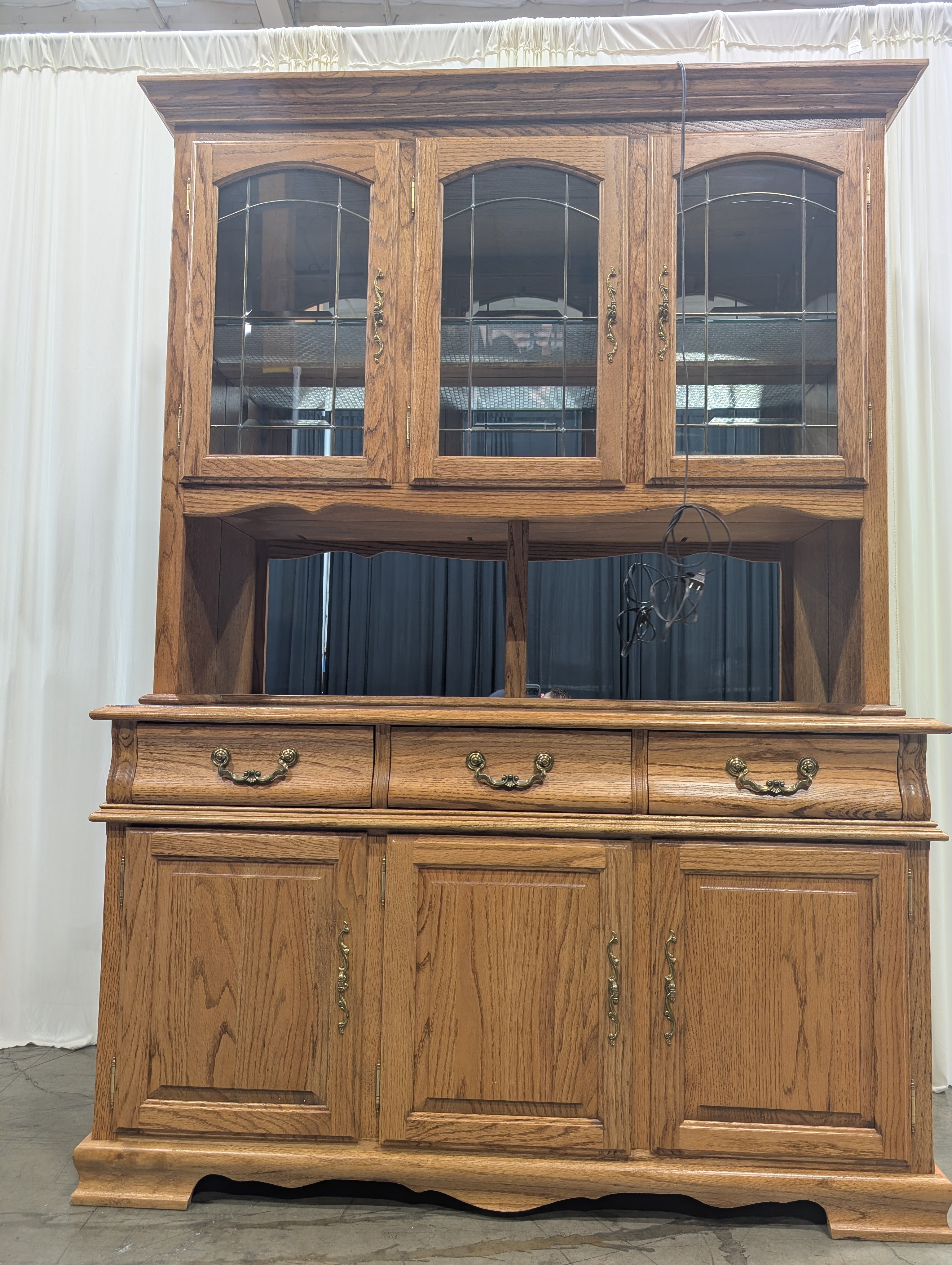 Golden Oak China Cabinet with Leaded Glass