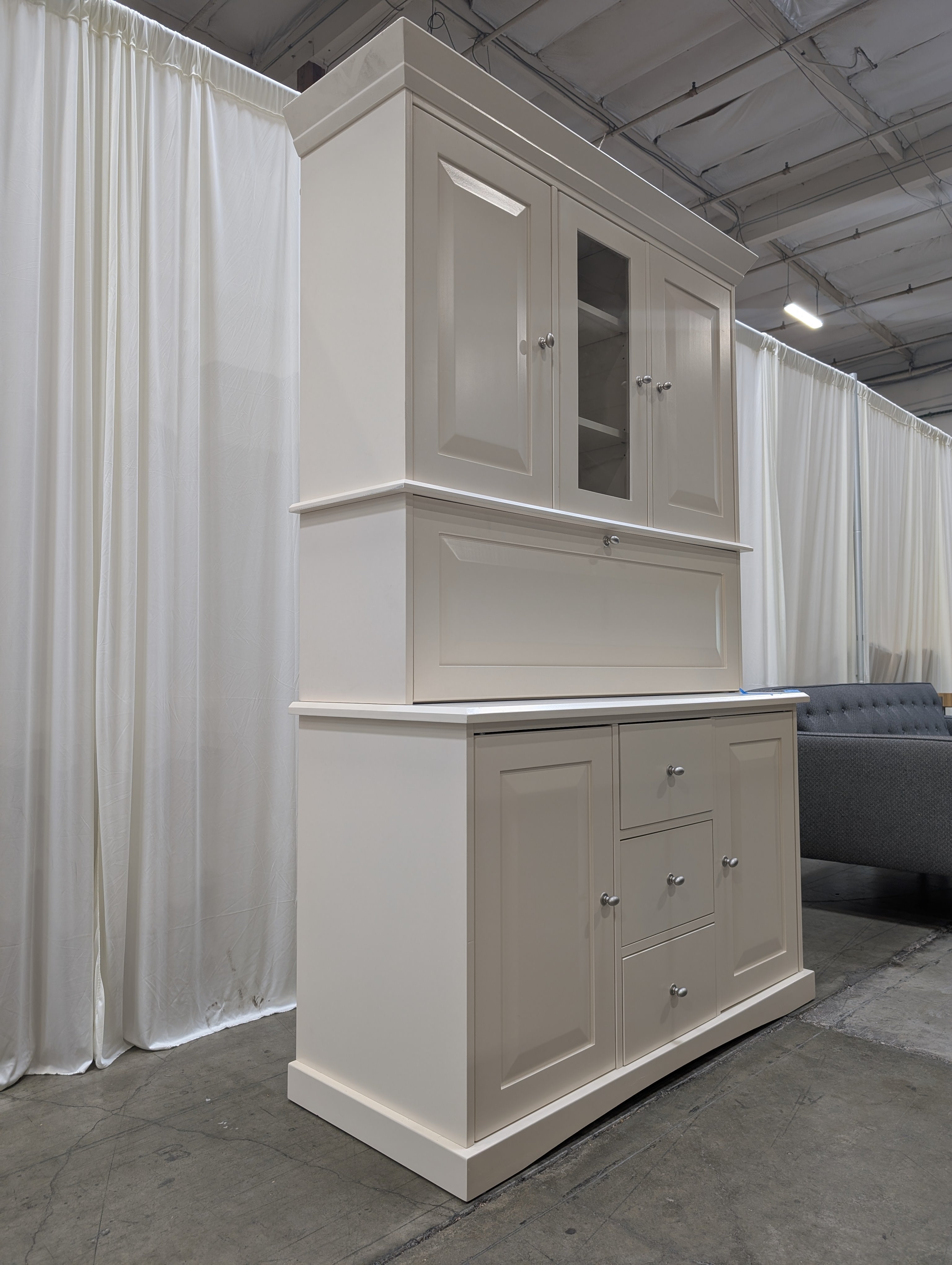 Cream Painted Wood China Cabinet with Crown Molding