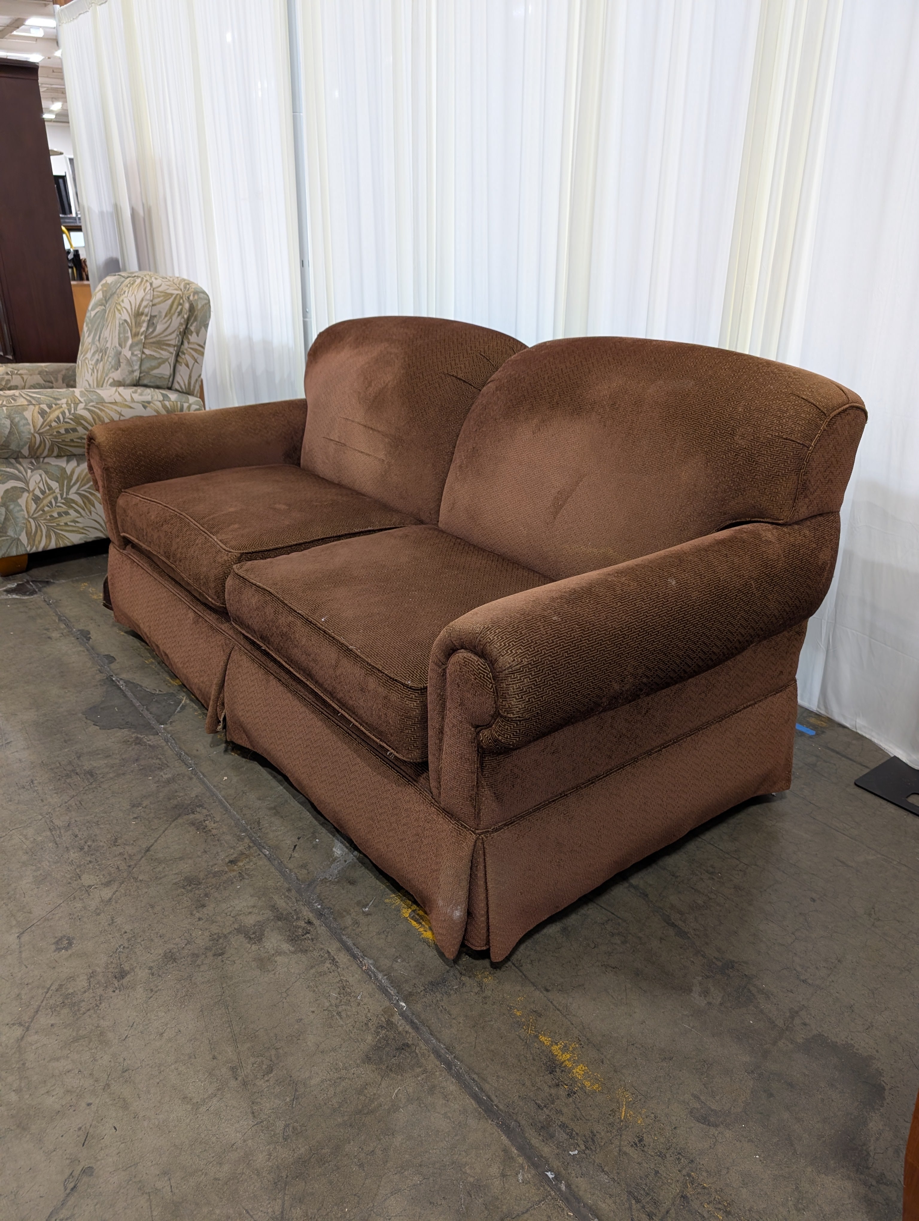 BASSETT Brown Textured Upholstered Loveseat with Rolled Arms