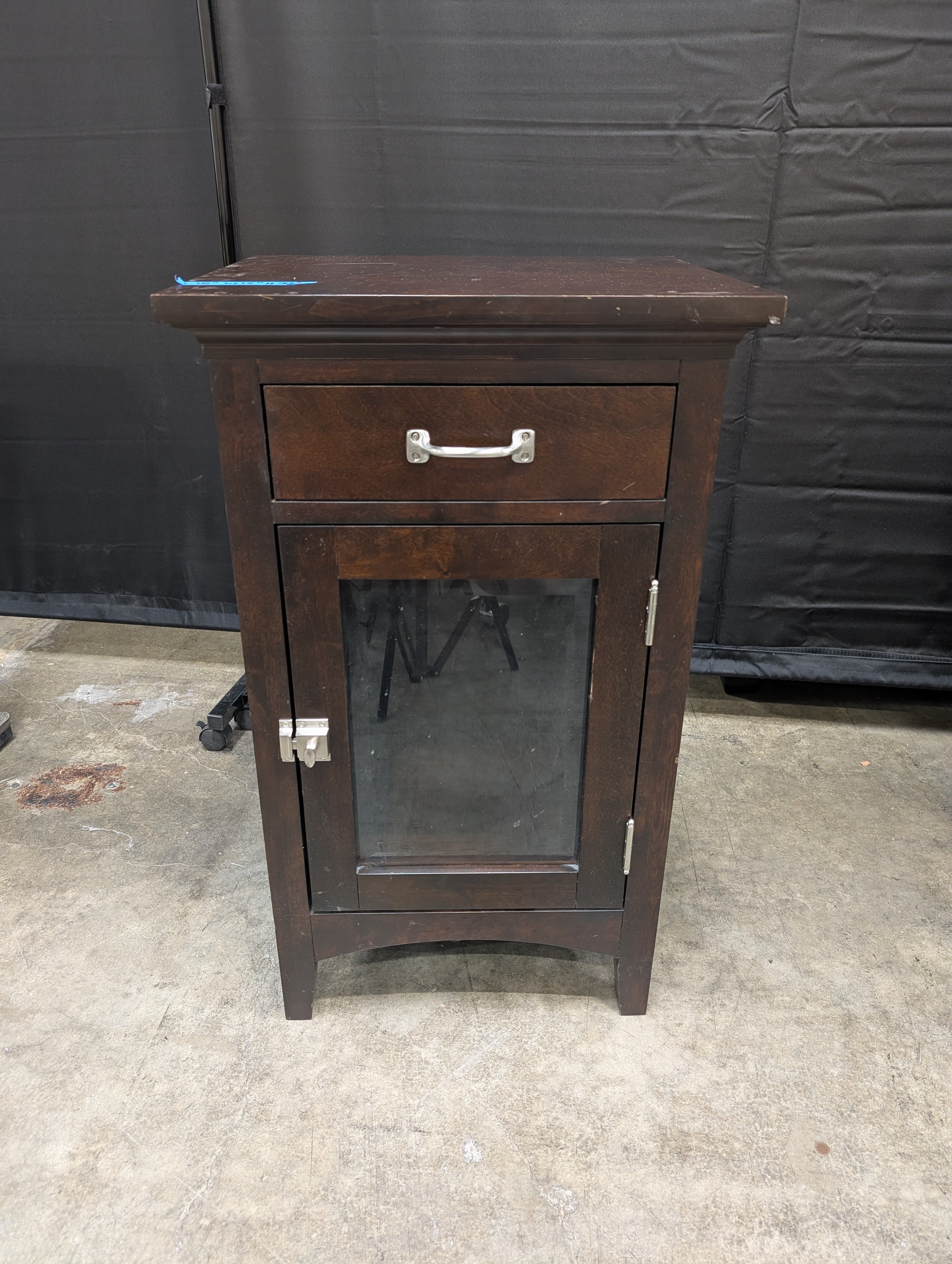 Dark Brown Wood Nightstand with Glass Door