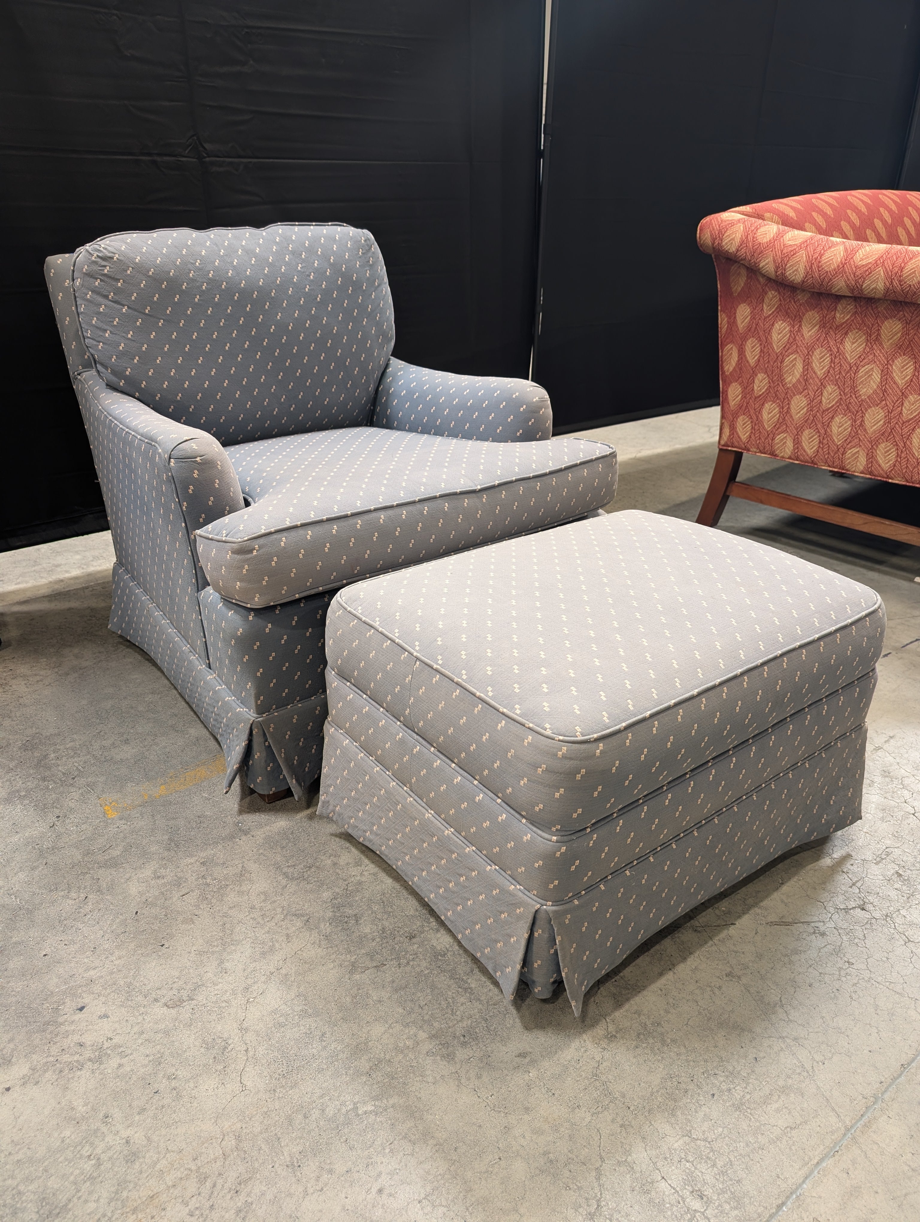 Blue Patterned Fabric Armchair with Rolled Arms with Ottoman