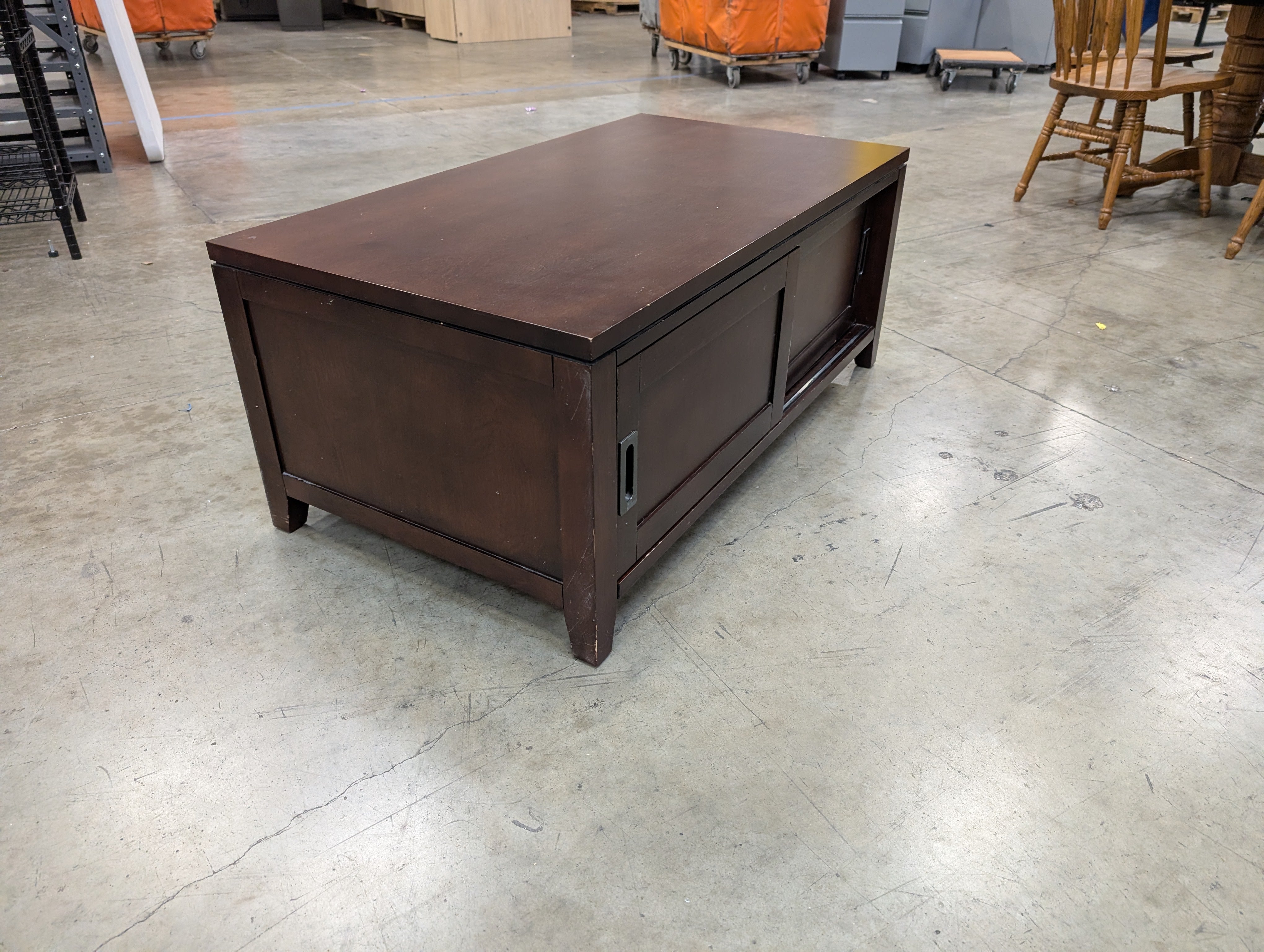 Contemporary Dark Wood Media Console with Sliding Doors