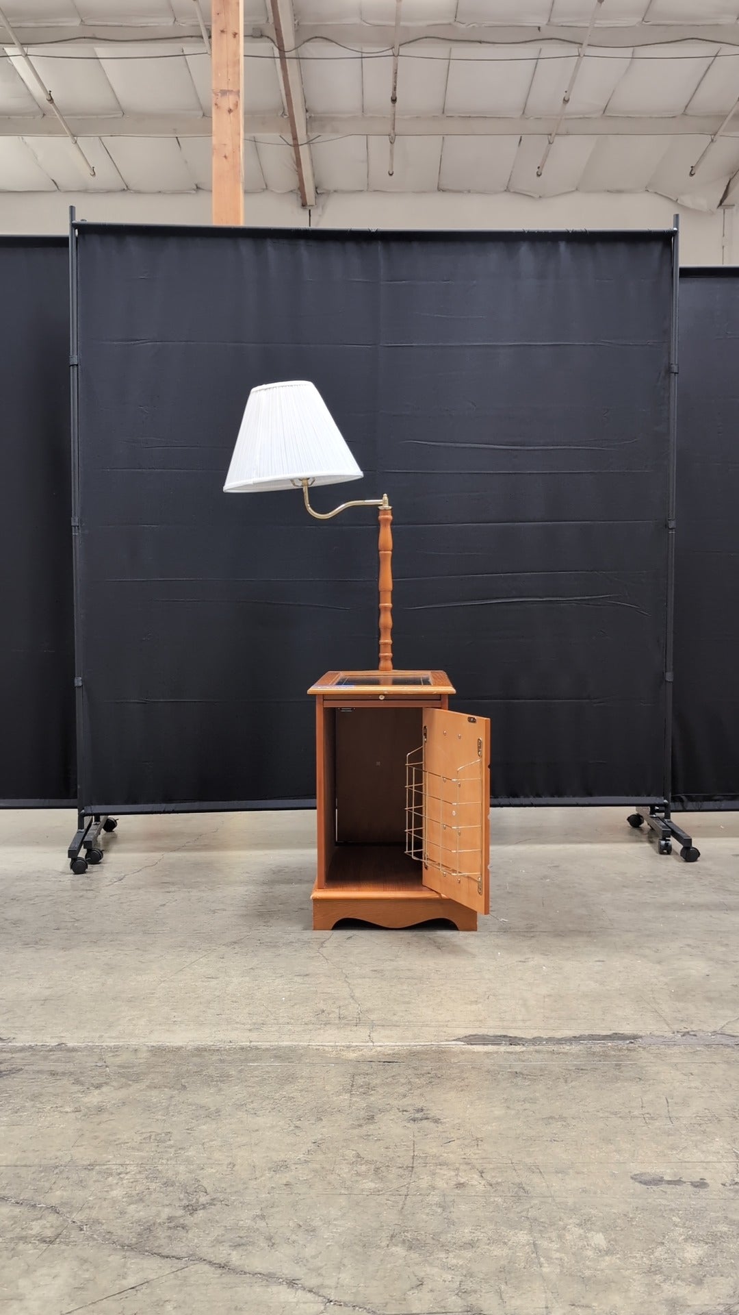 Honey Wood End Table with Integrated Lamp and Storage Cabinet