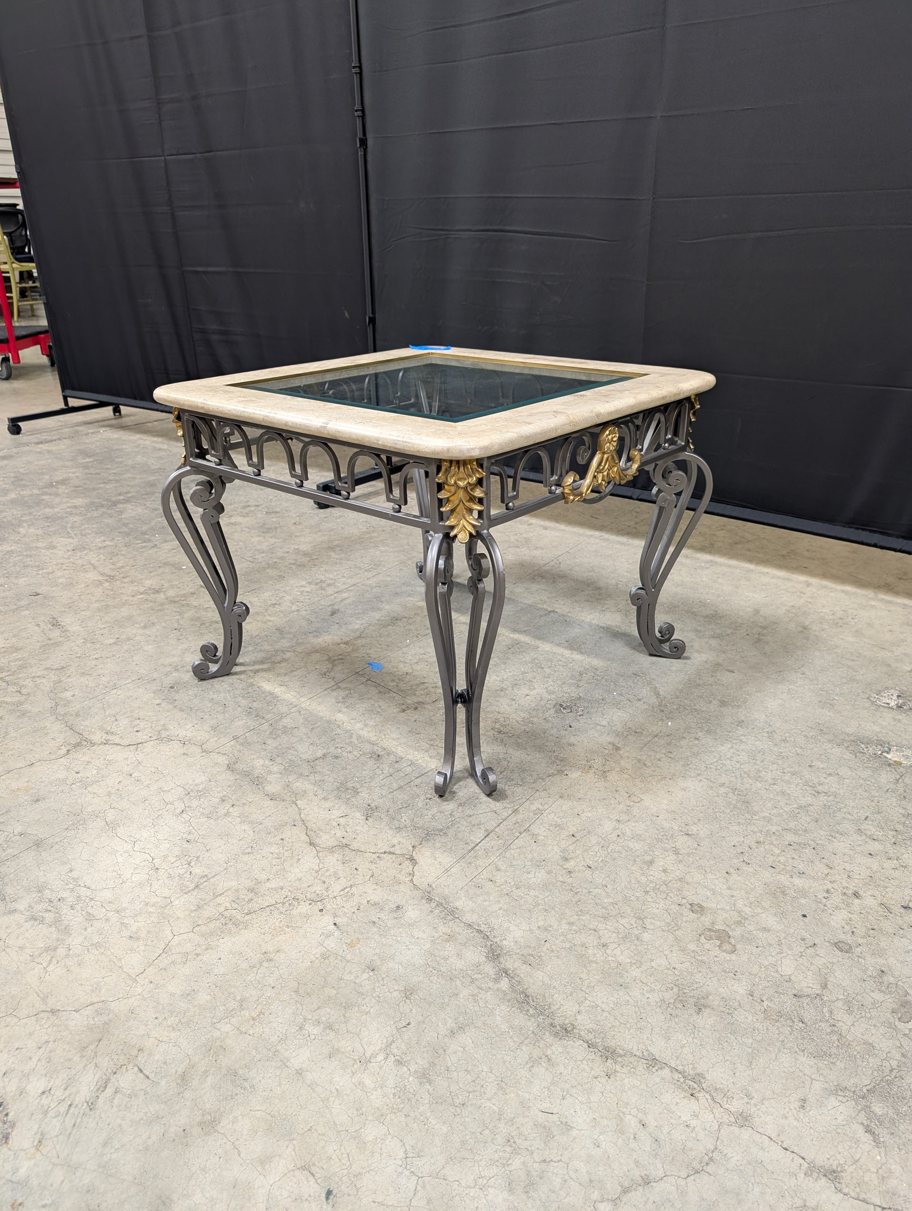 Stone Top Glass Insert Side Table with Scrollwork Metal Base