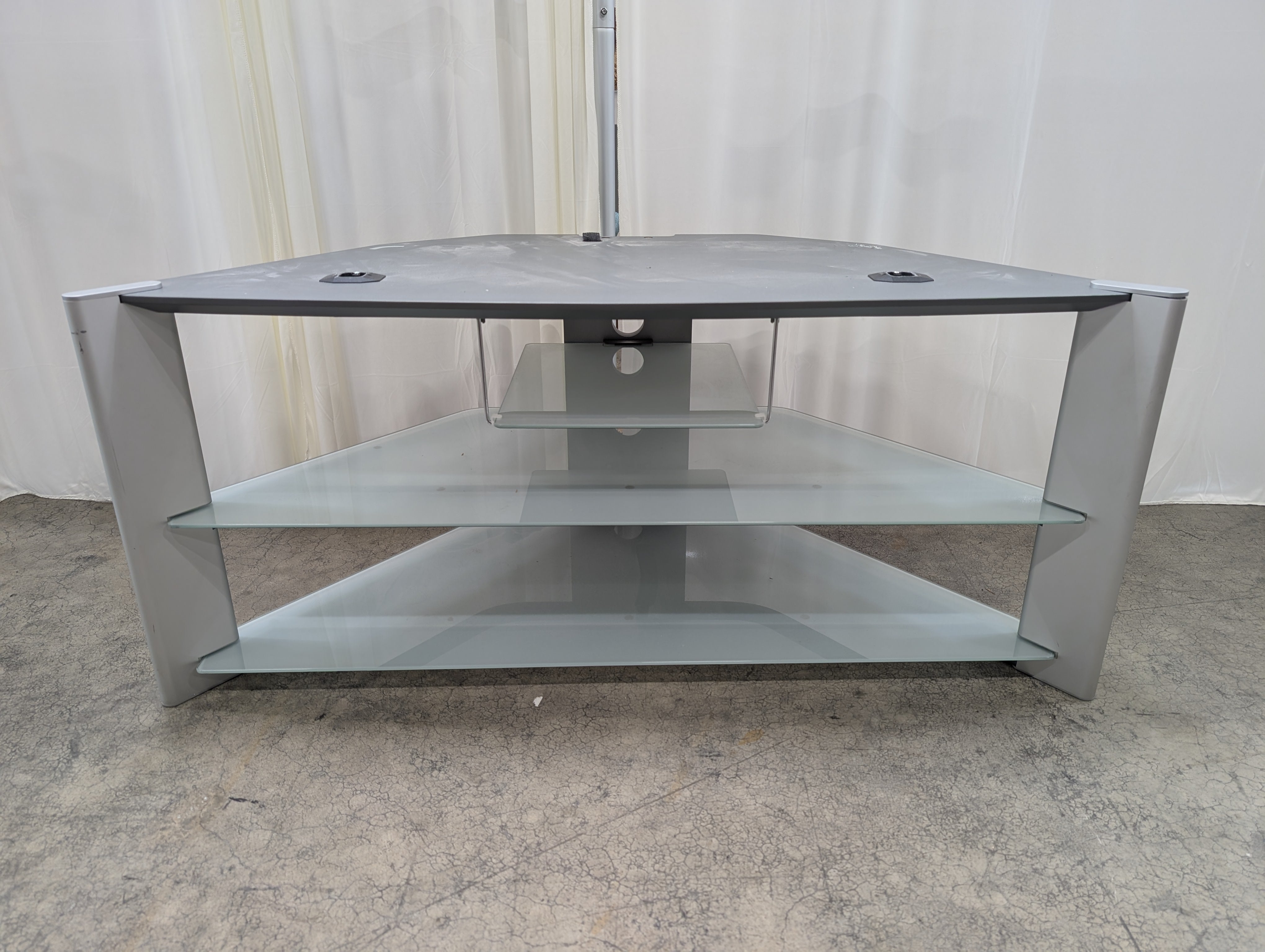 Modern Silver Metal Multi-Tier TV Stand with Frosted Glass Shelves