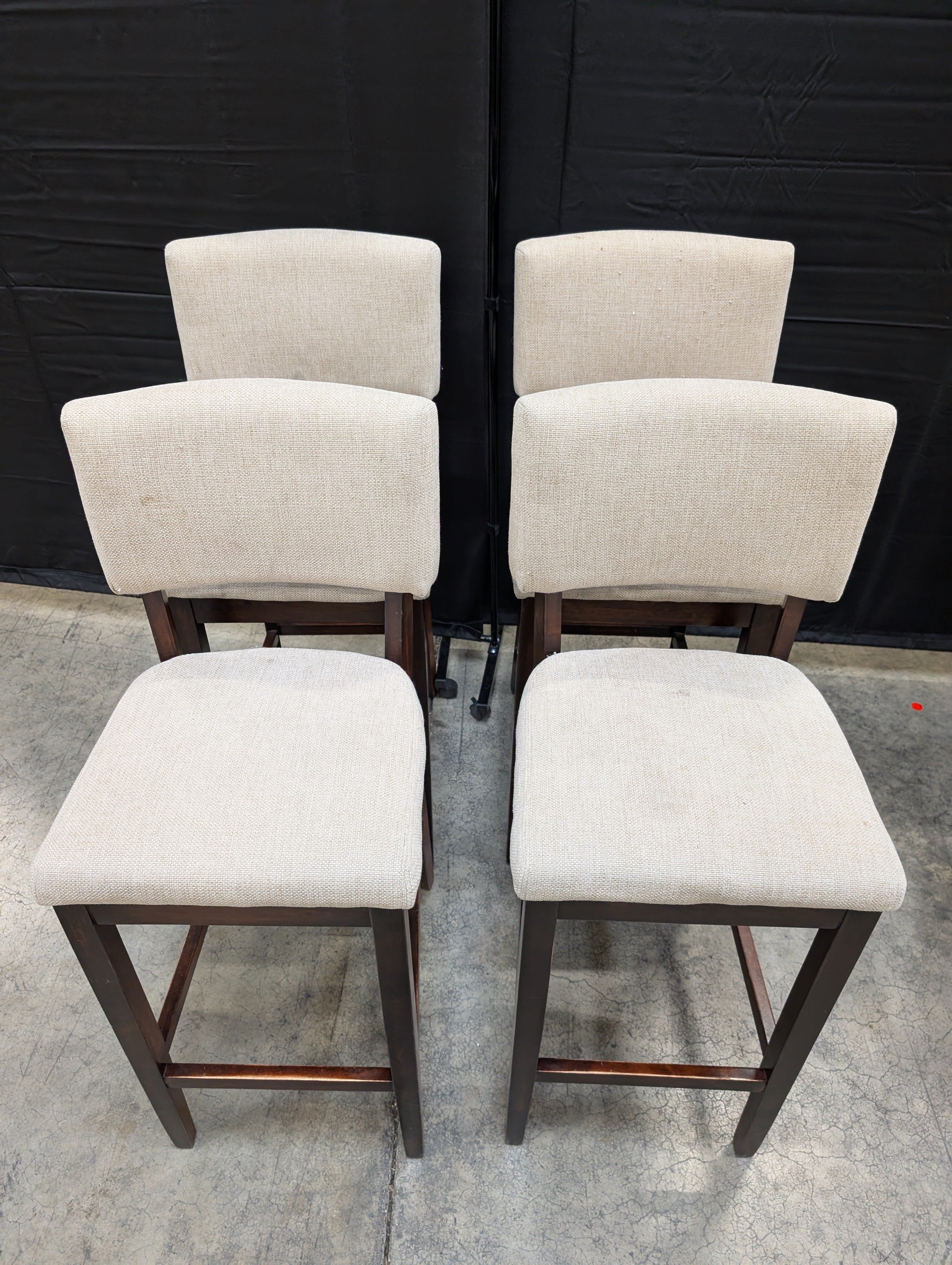 Set of Four Beige Fabric Upholstered Bar Height Dark Wood Dining Chairs