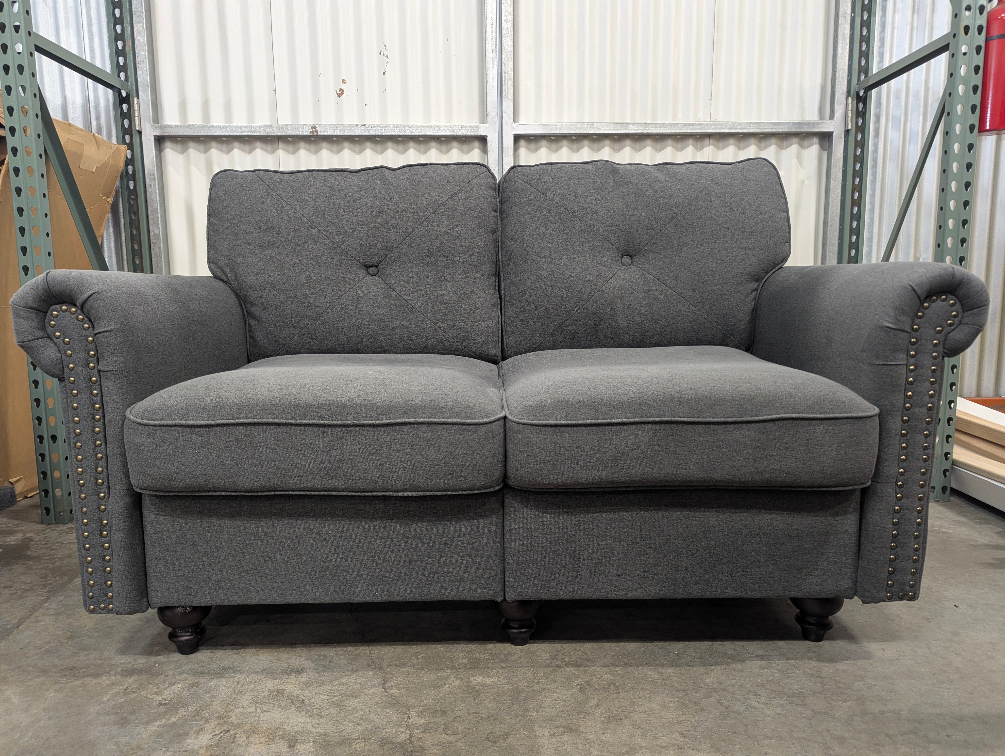 Dark Gray Fabric Loveseat with Nailhead Trim