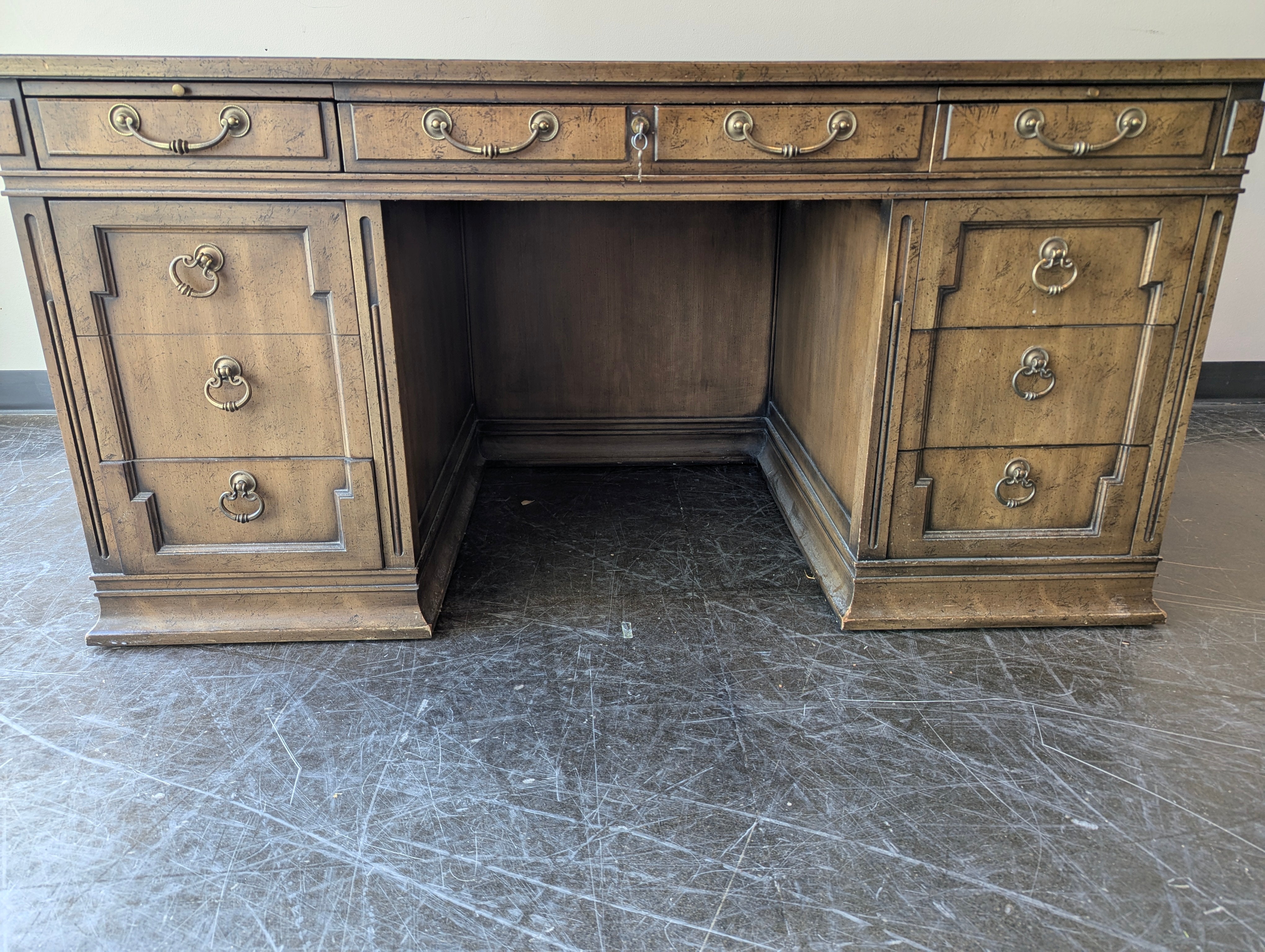 Vintage Style Pedestal Desk with Tooled Leather Top