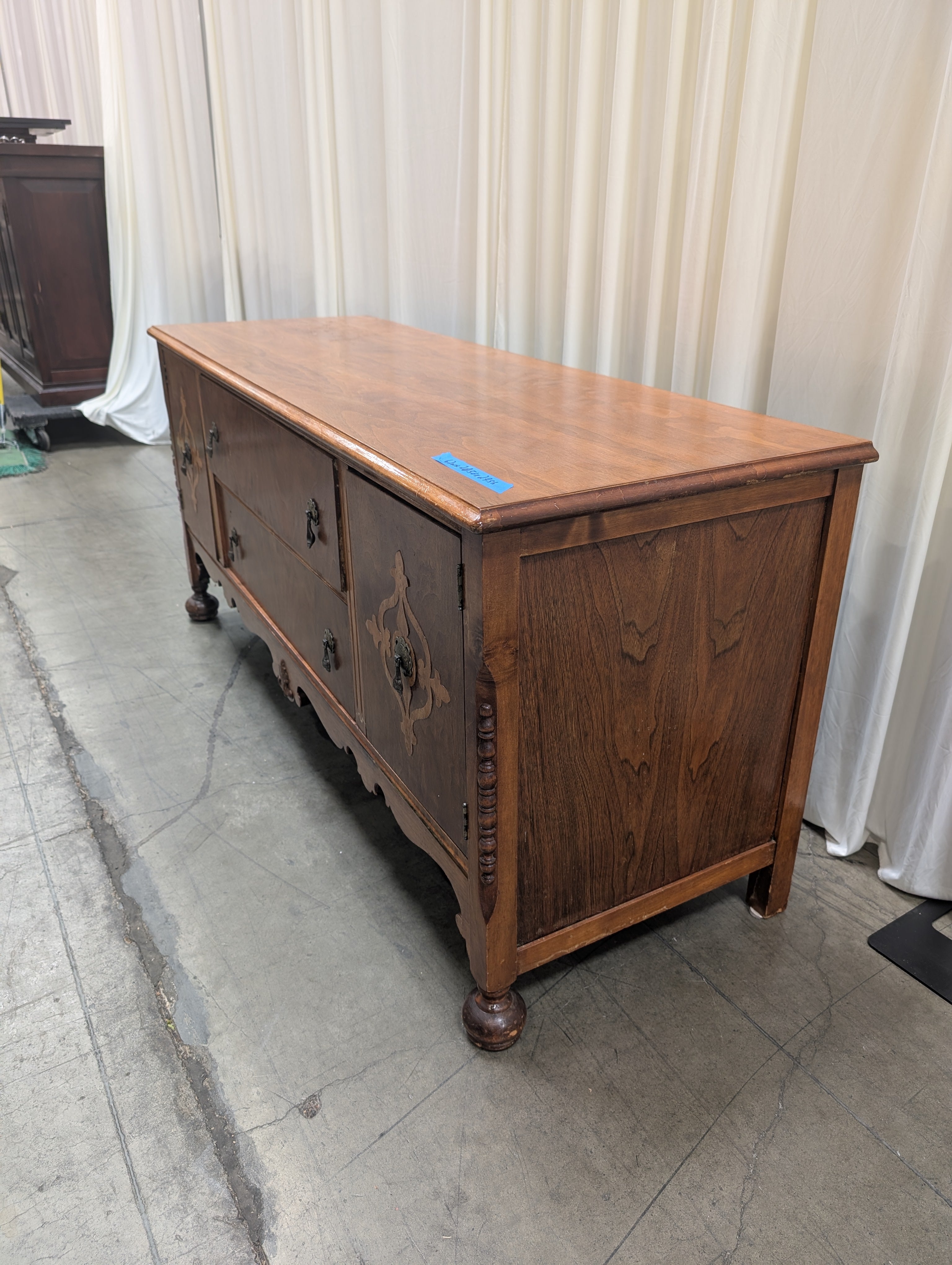 Vintage Ornate Burl Wood Buffet with Inlay