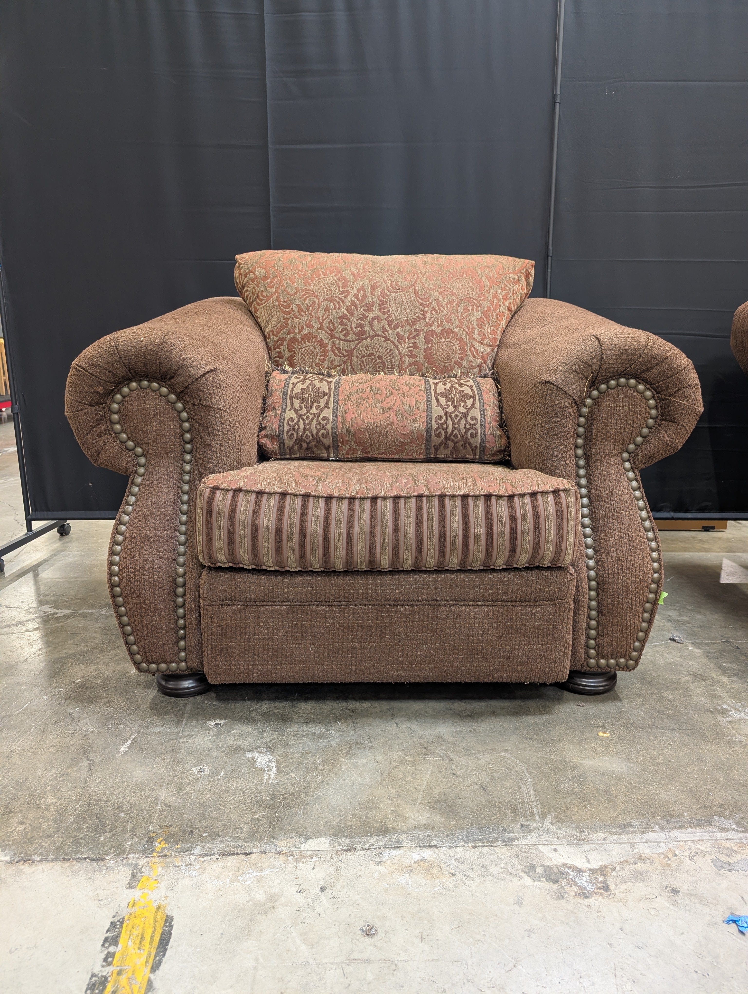 Textured Brown Upholstered Club Chair with Nailhead Trim