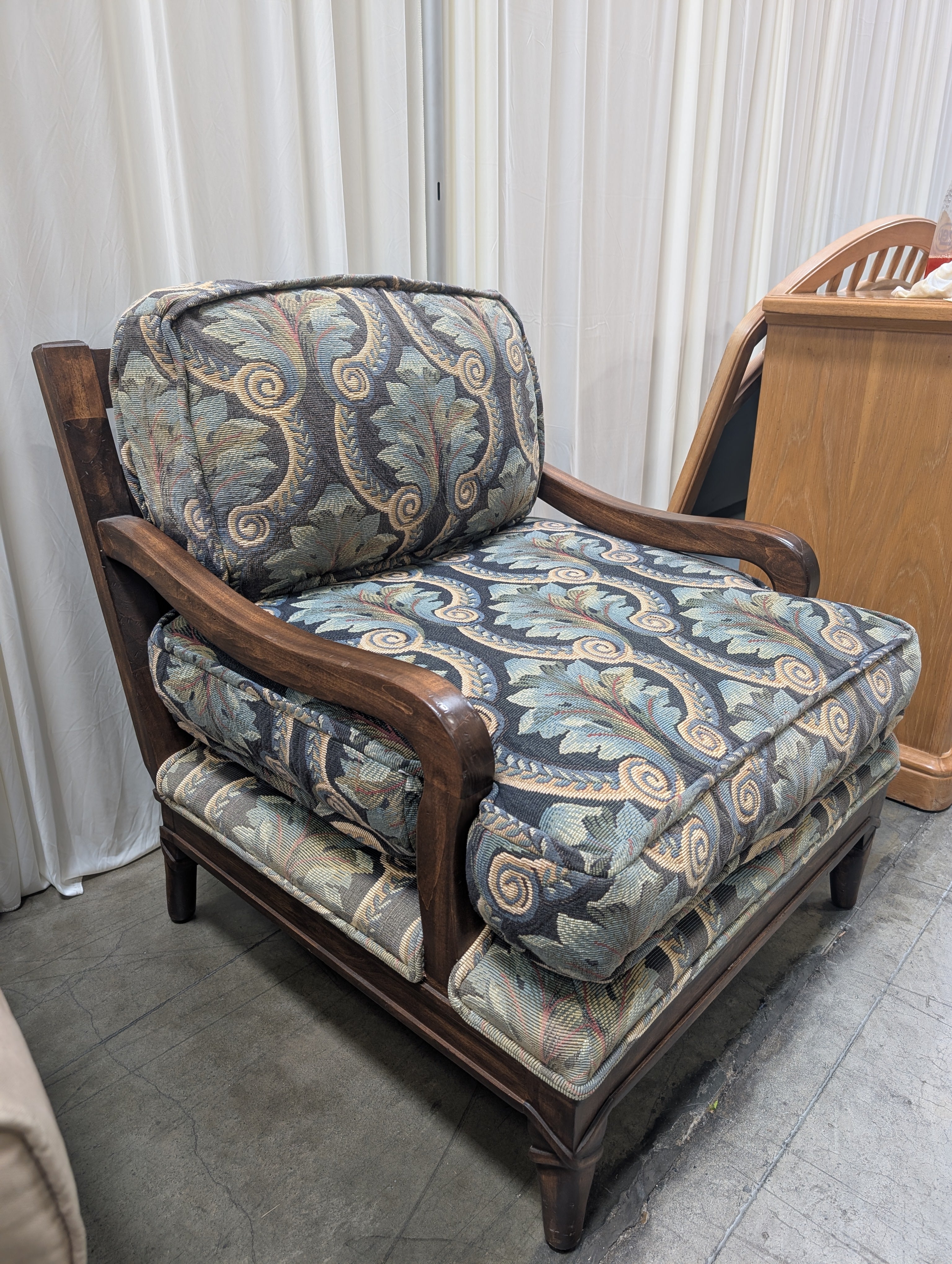 Carved Wood Accent Armchair with Tapestry Cushions