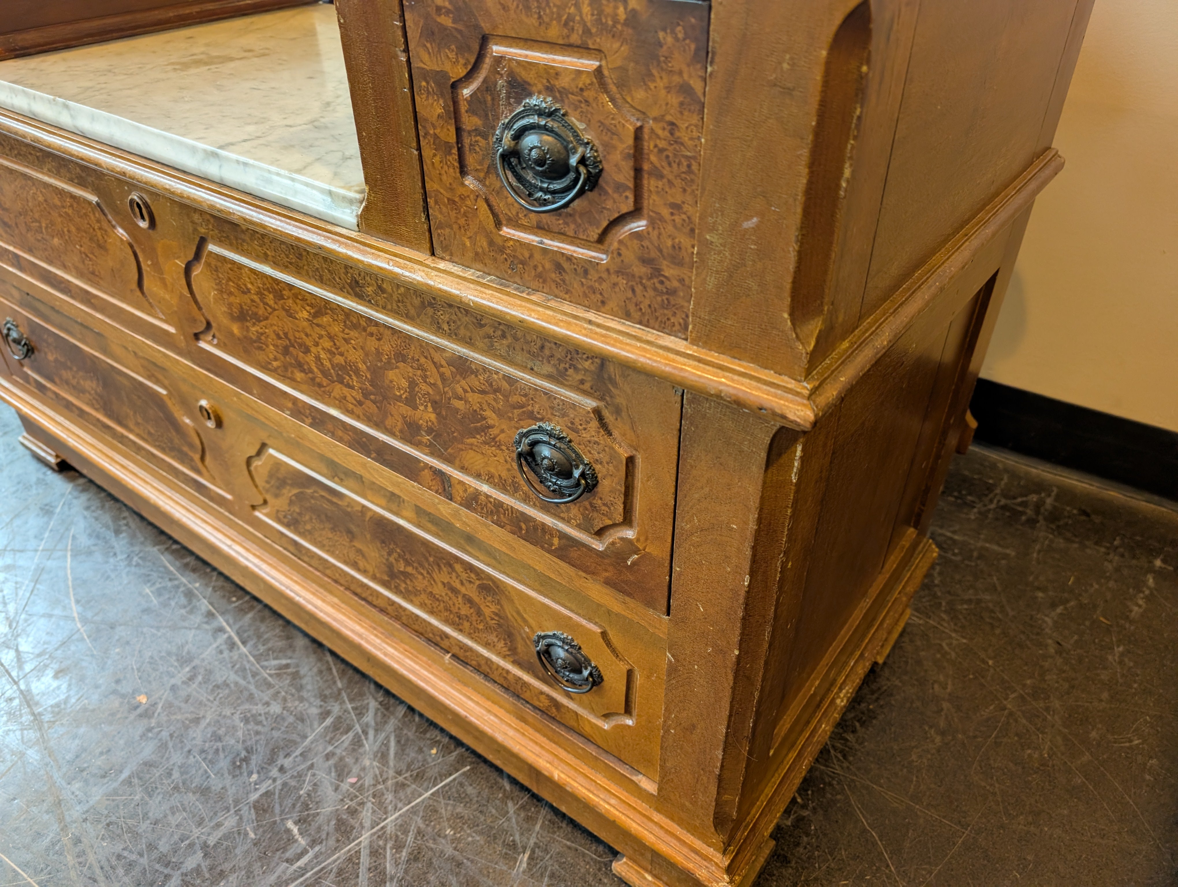 Antique Wood Five-Drawer Dresser with Marble Tops