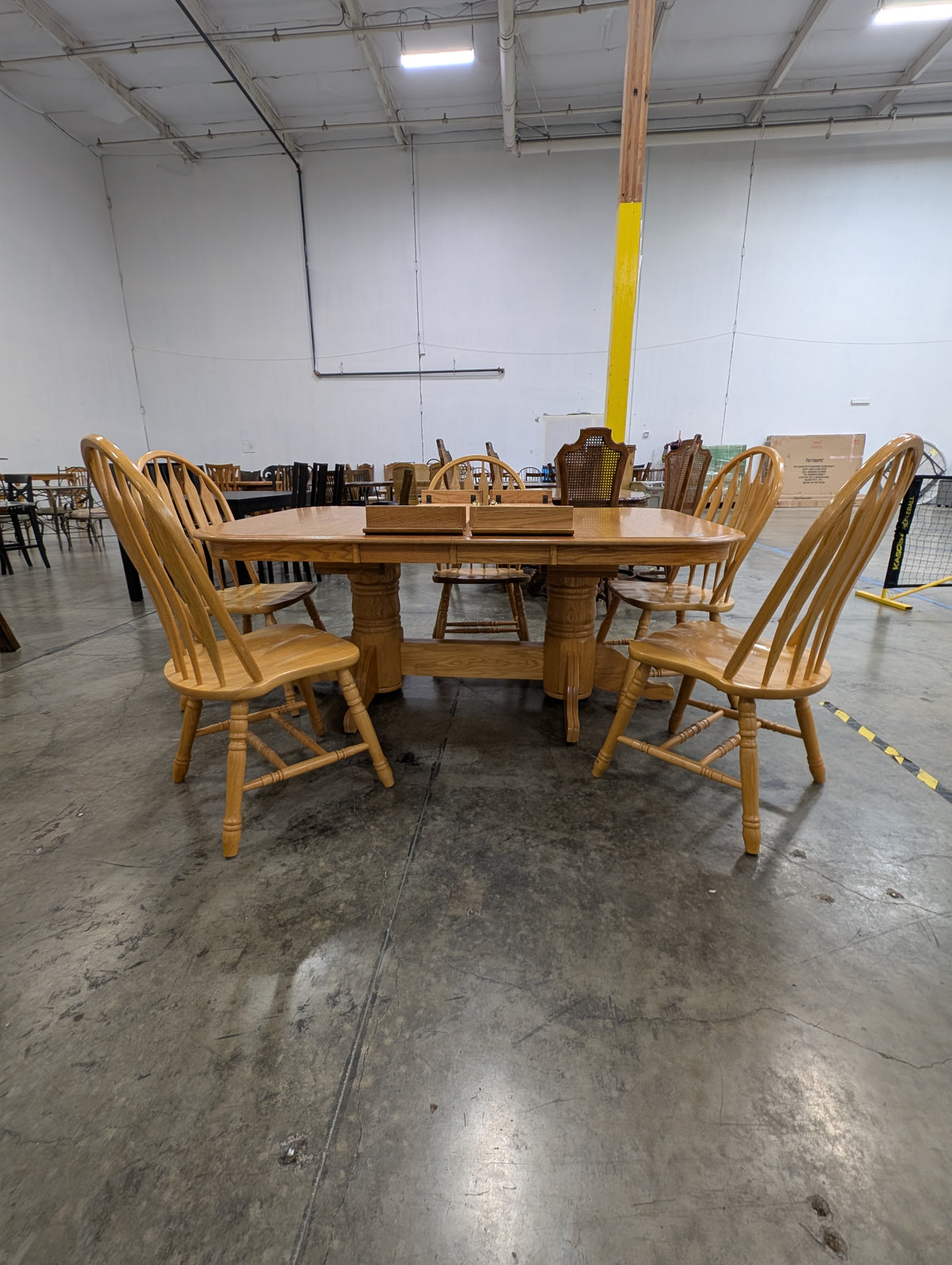 A-America Solid Oak Trestle Dining Table with Leaf and 5 Arrow-Back Windsor Chairs, 6-Piece Set, Assembled in USA