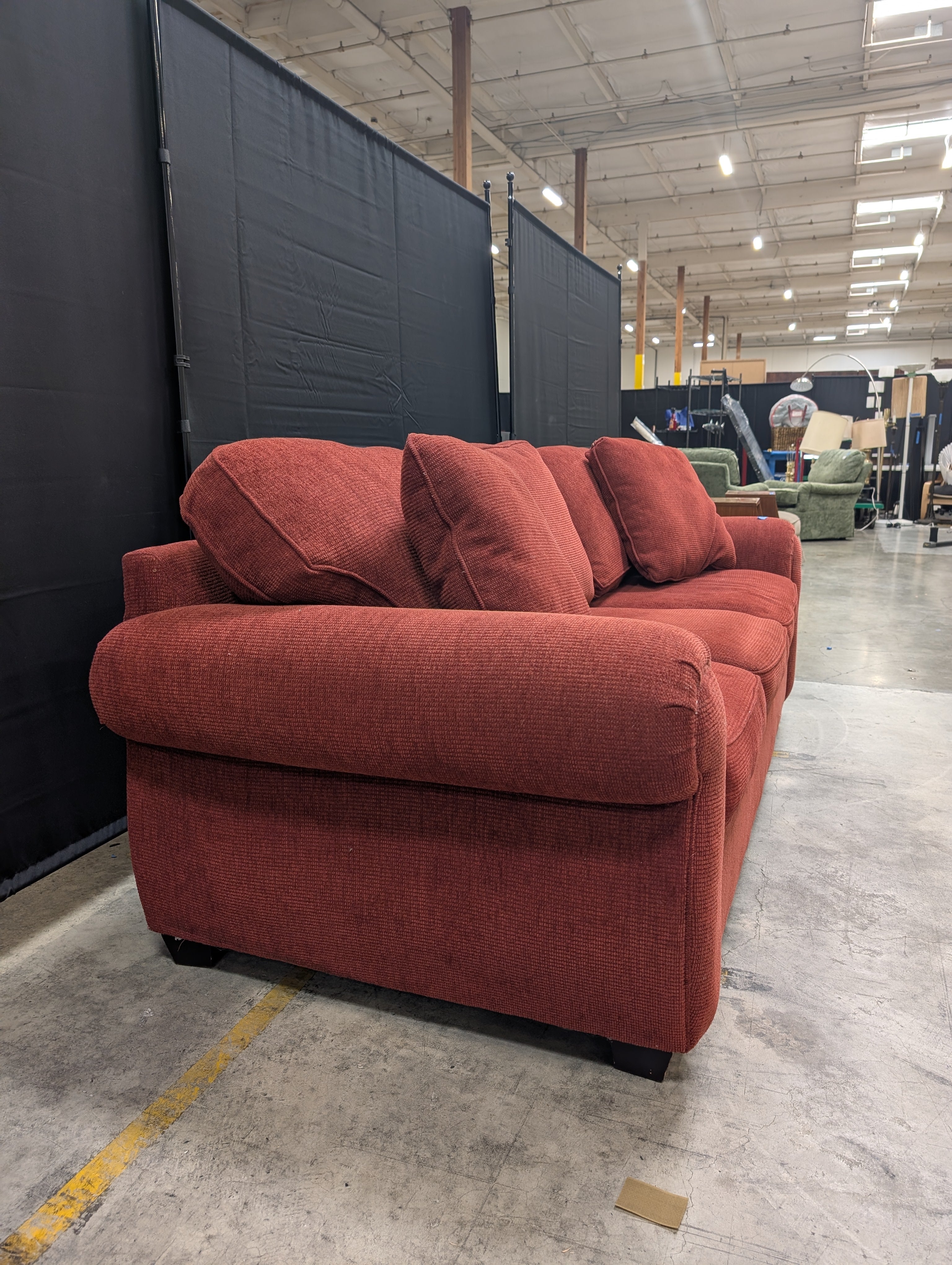Red Textured Fabric Couch with Rolled Arms
