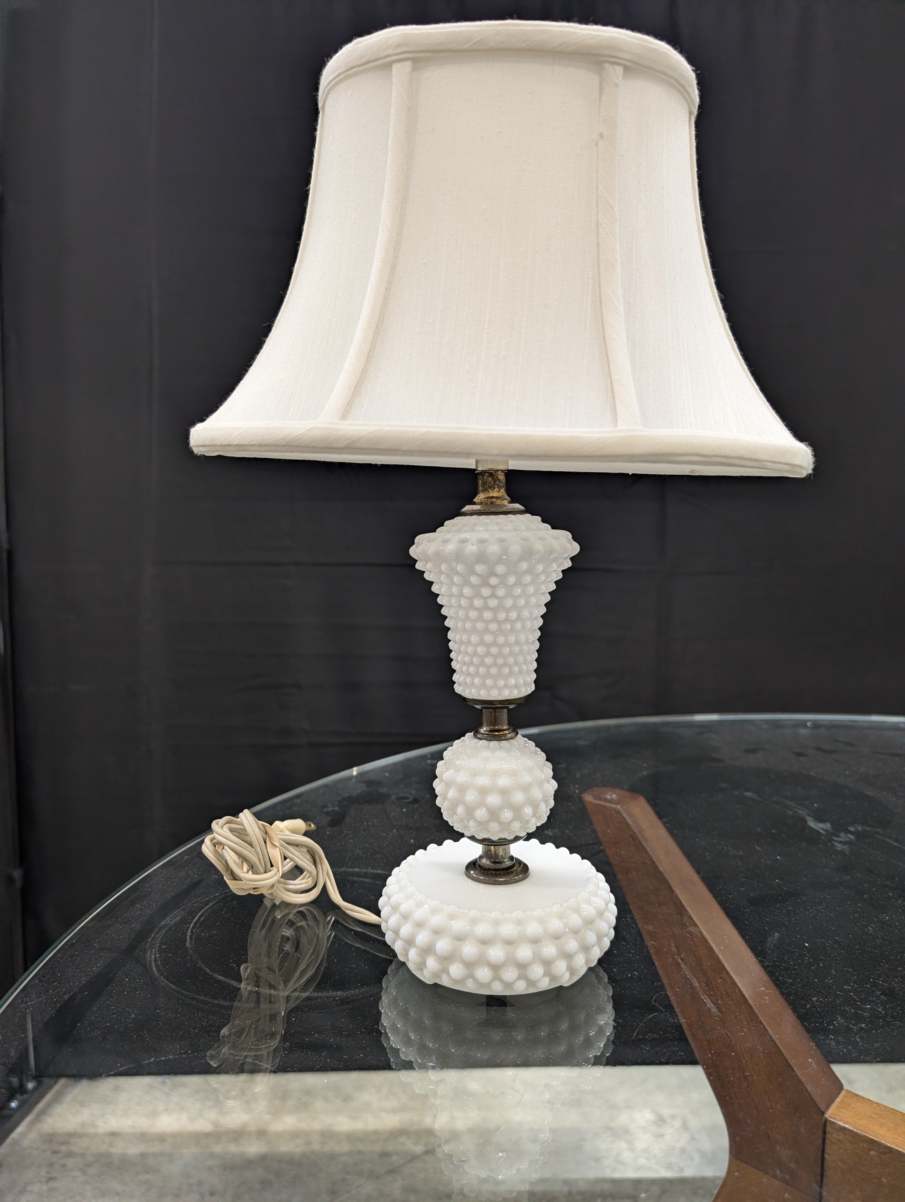 Vintage White Hobnail Milk Glass Table Lamp with Fabric Shade