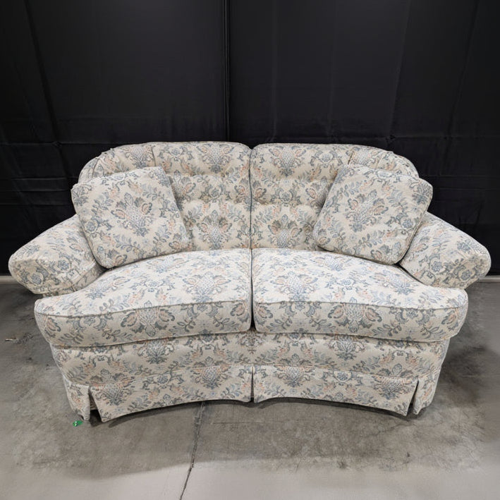 Broyhill Loveseat with Floral Damask Pattern & Rolled Arms