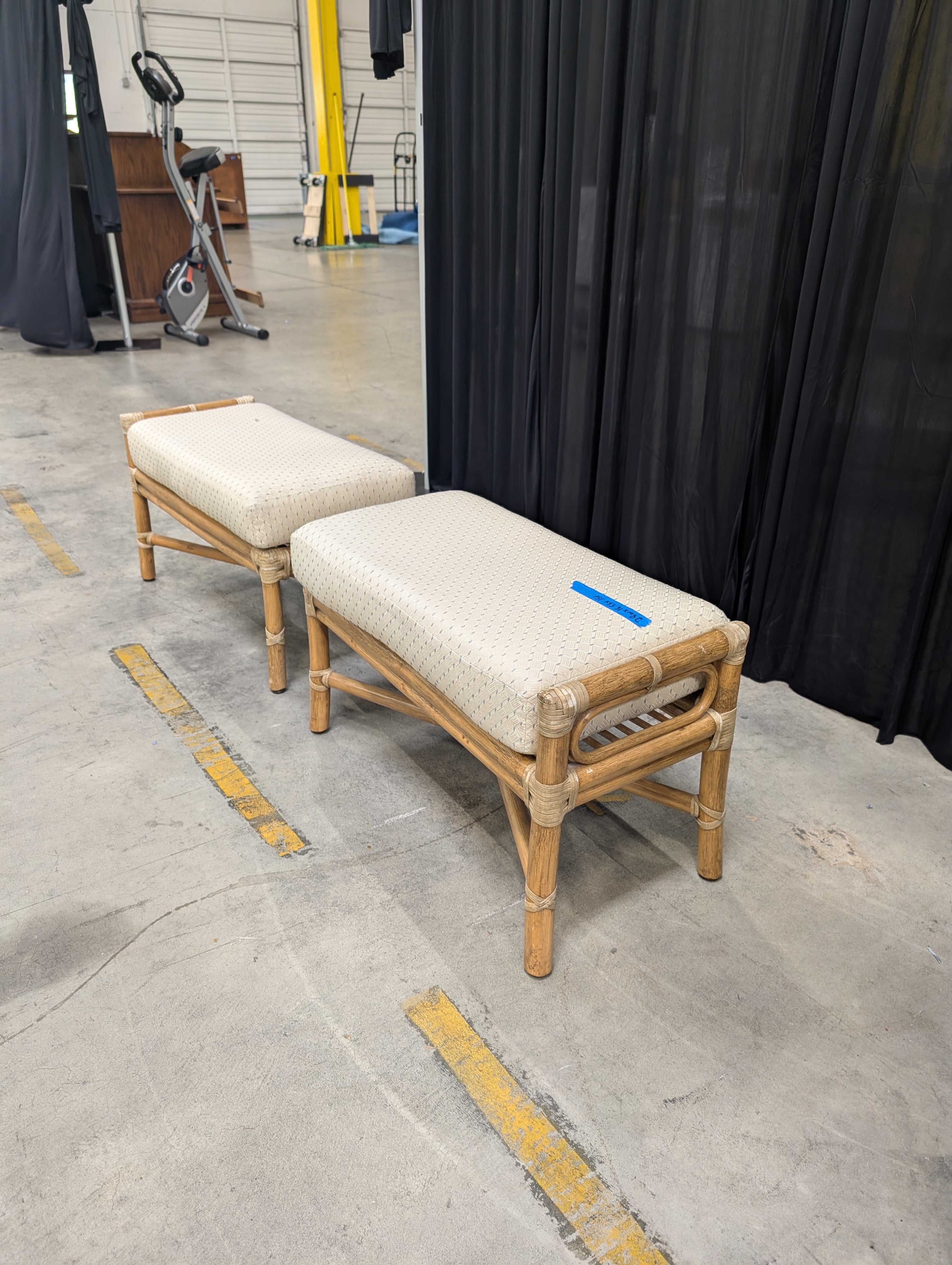 Pair of Cream Patterned Upholstered Bench with Bamboo Frame