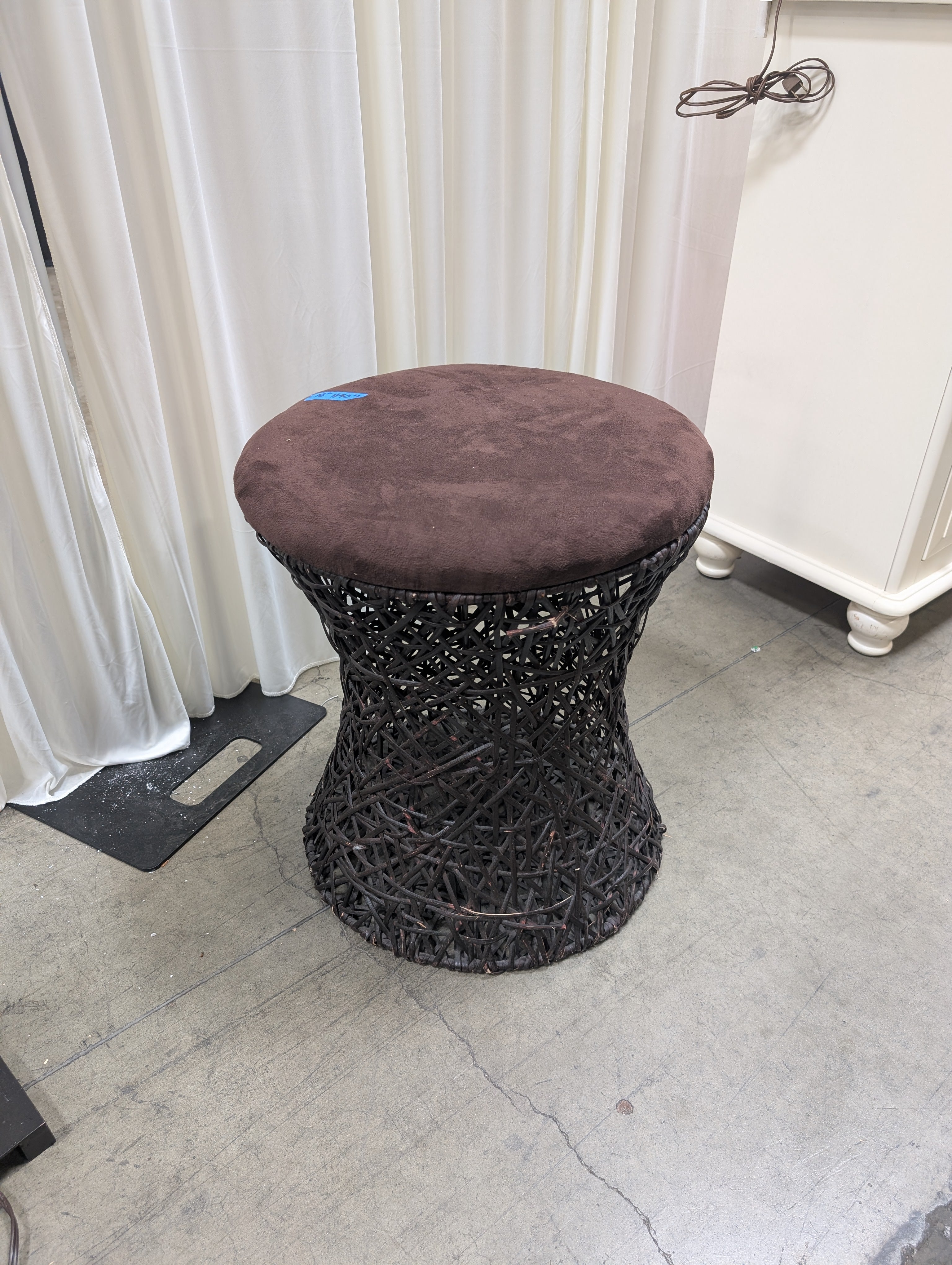 Round Velvet Ottoman with Woven Base
