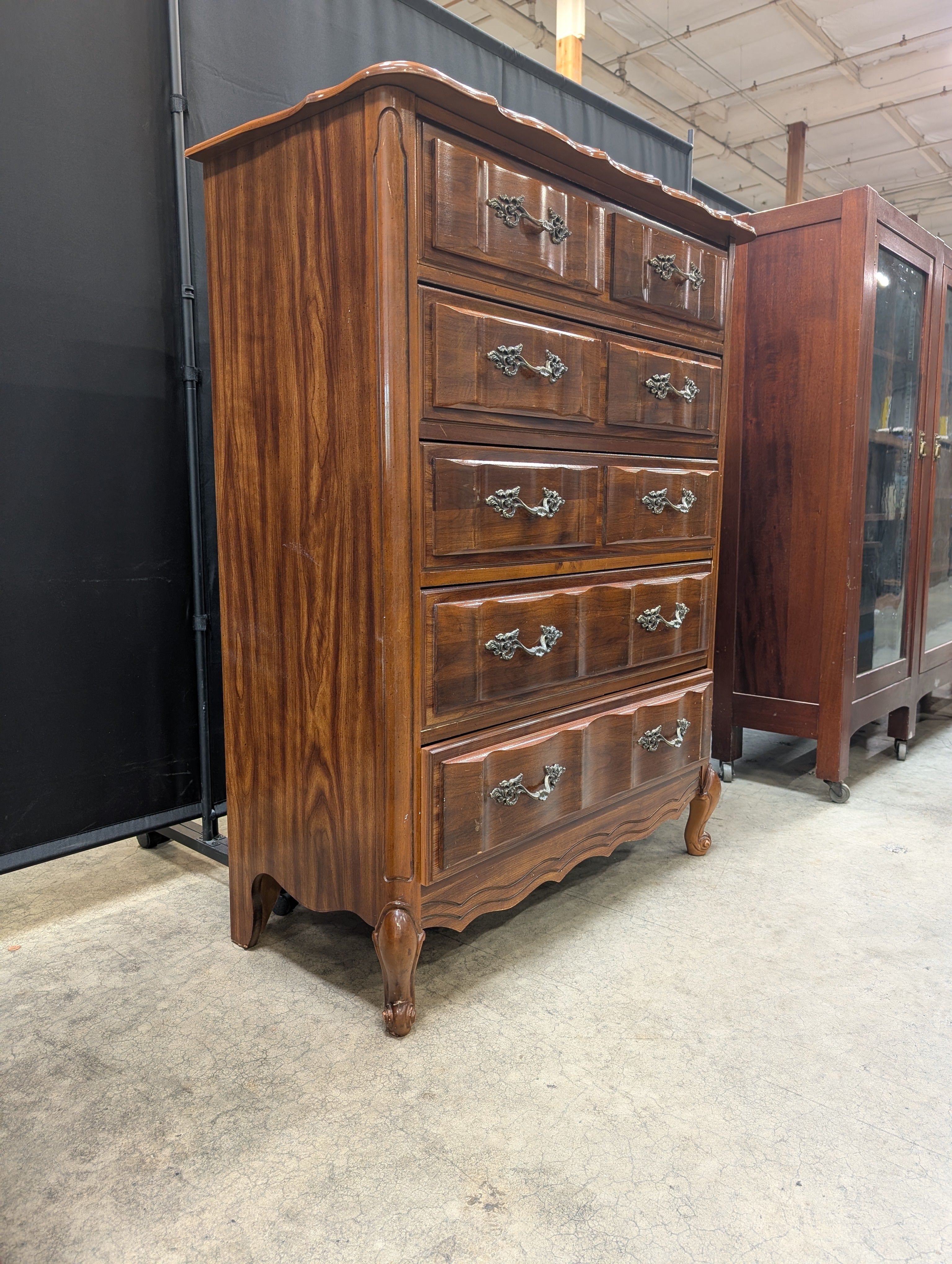 French Provincial Bassett Tall Chest of Drawers with Ornate Hardware
