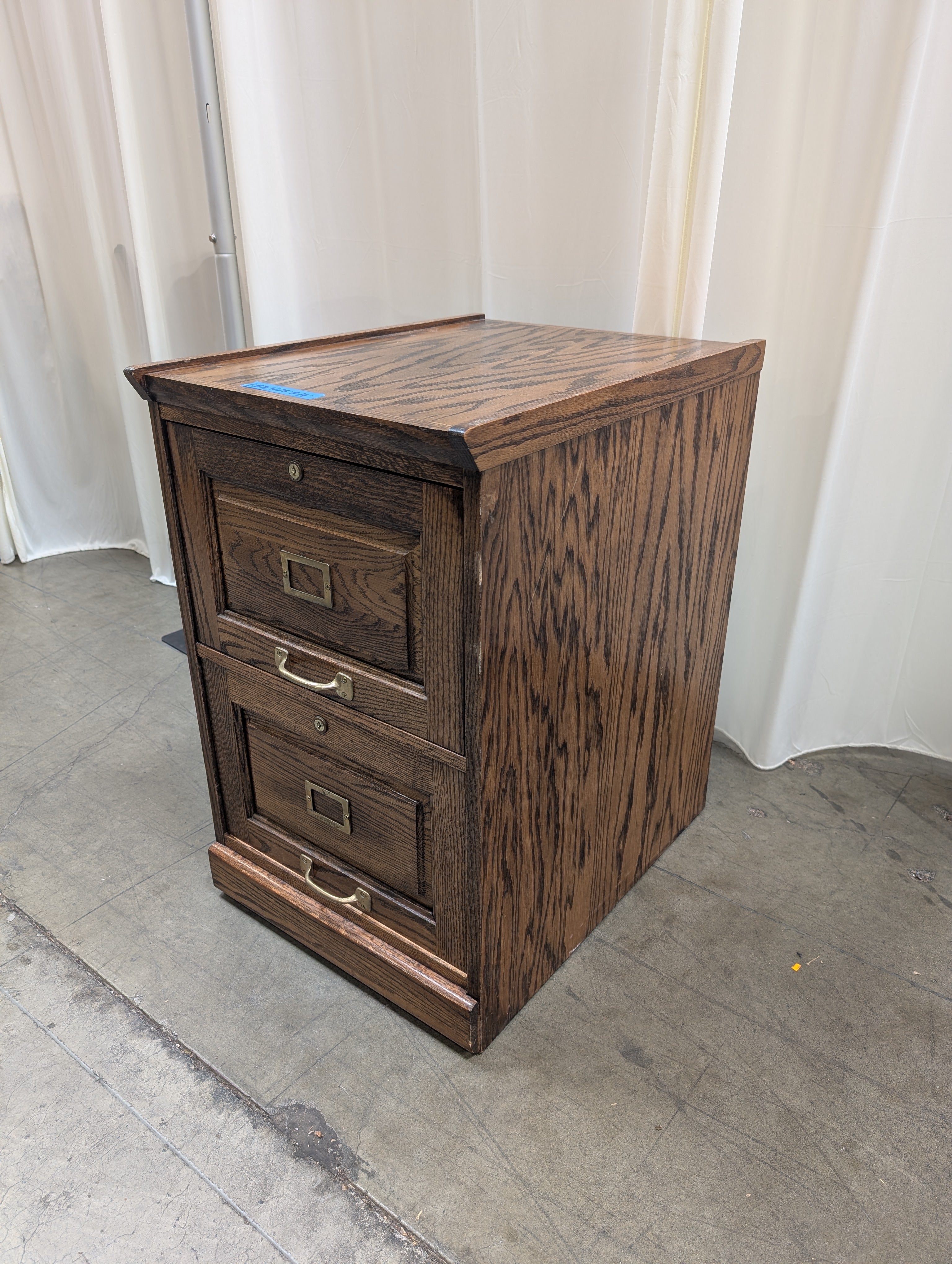 Dark Brown Wood Three-Drawer Filing Cabinet with Brass Hardware