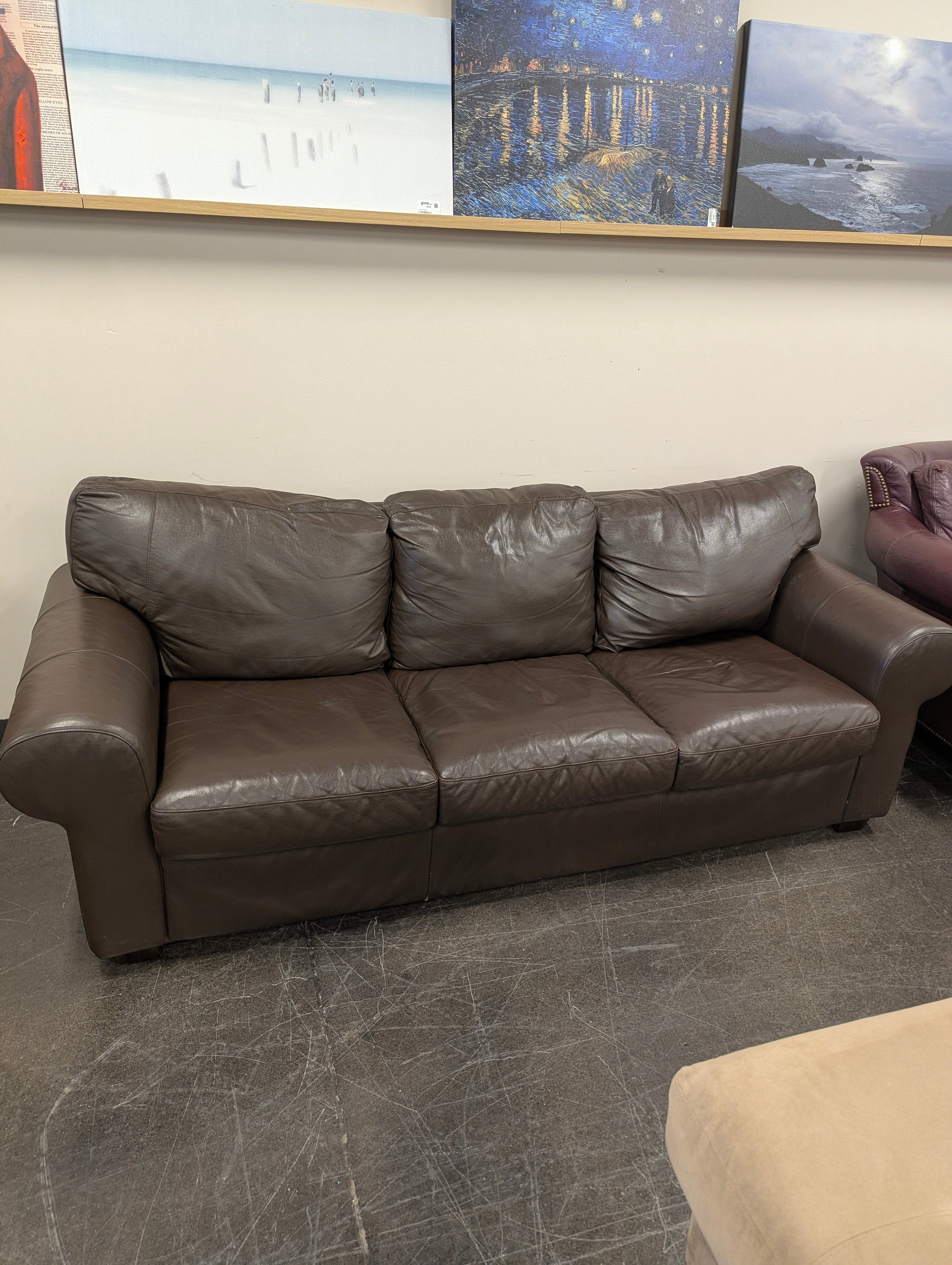 Rich Brown Leather Three-Seater Sofa