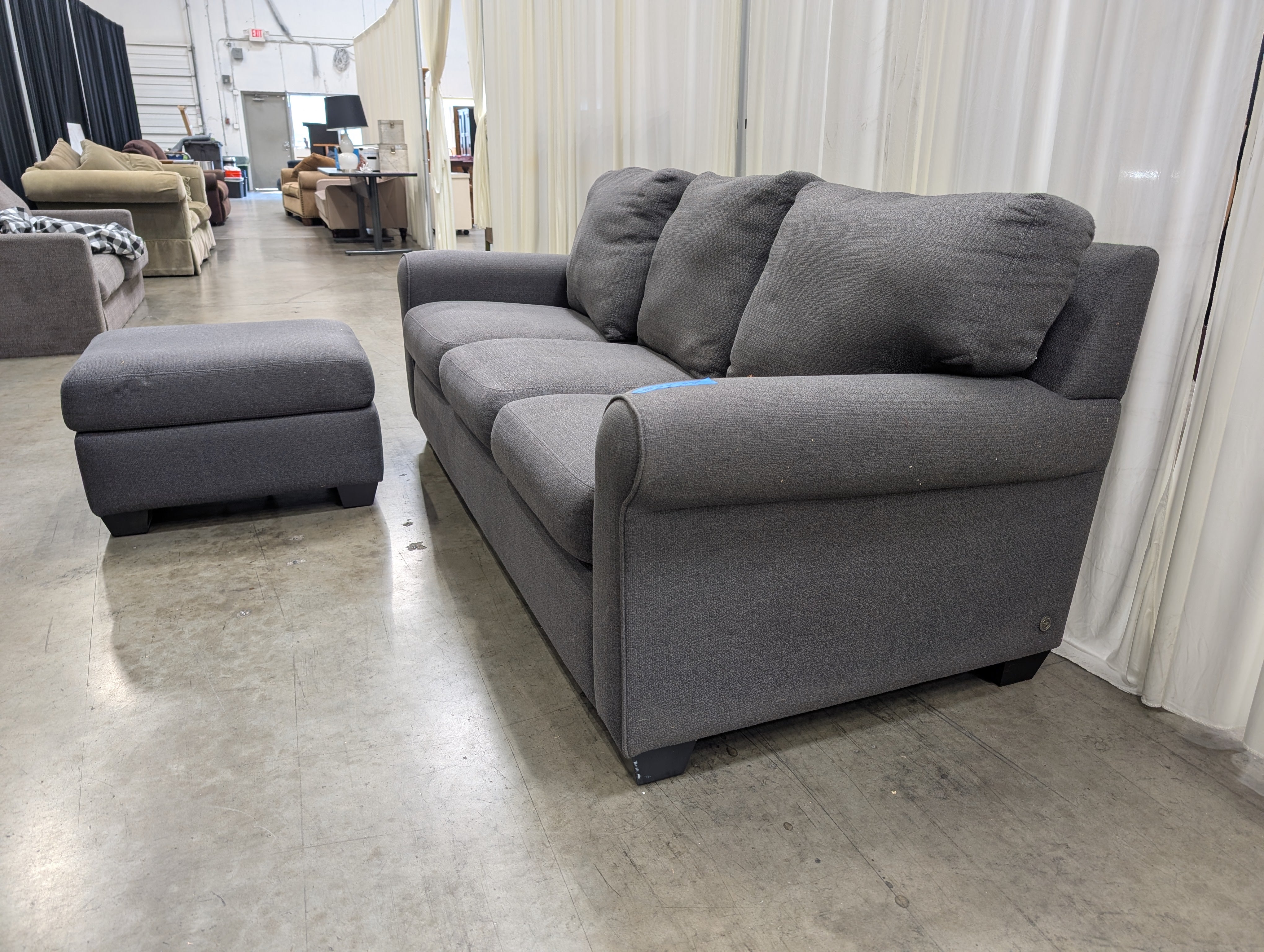 American Leather Charcoal Grey Rolled Arm Sofa & Ottoman Set - Made in USA