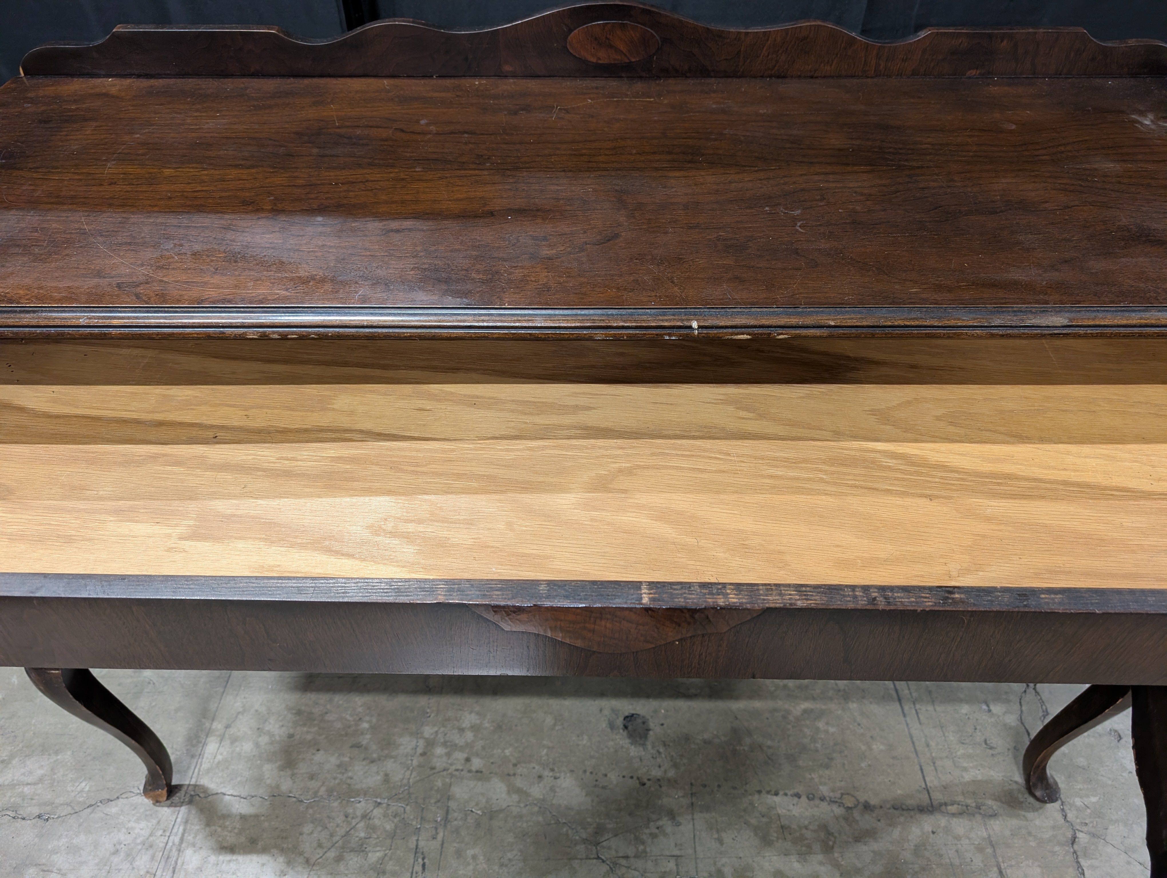 Traditional Dark Wood Buffet Cabinet with Scalloped Back