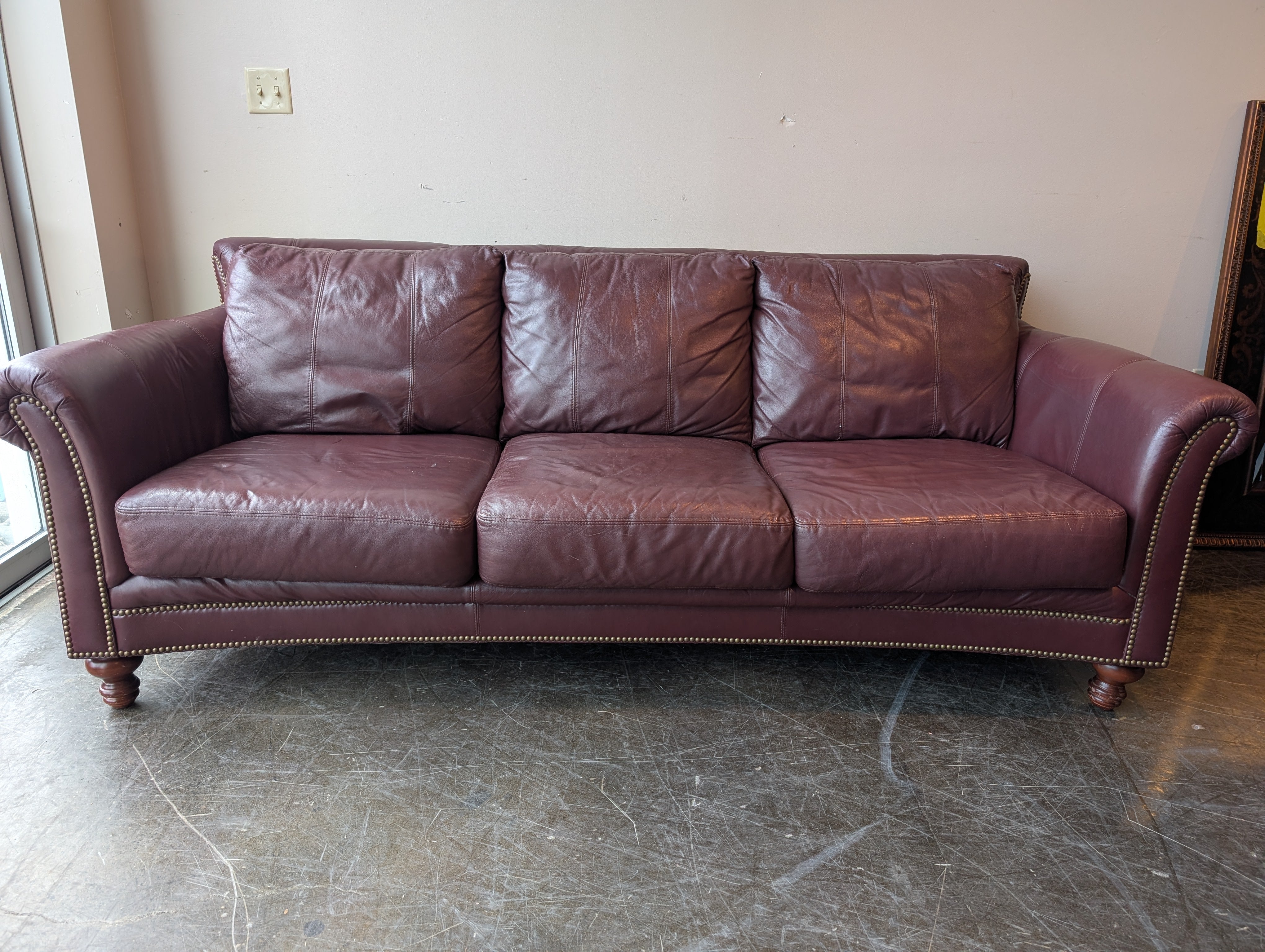 Burgundy Leather Three-Seat Sofa with Rolled Arms