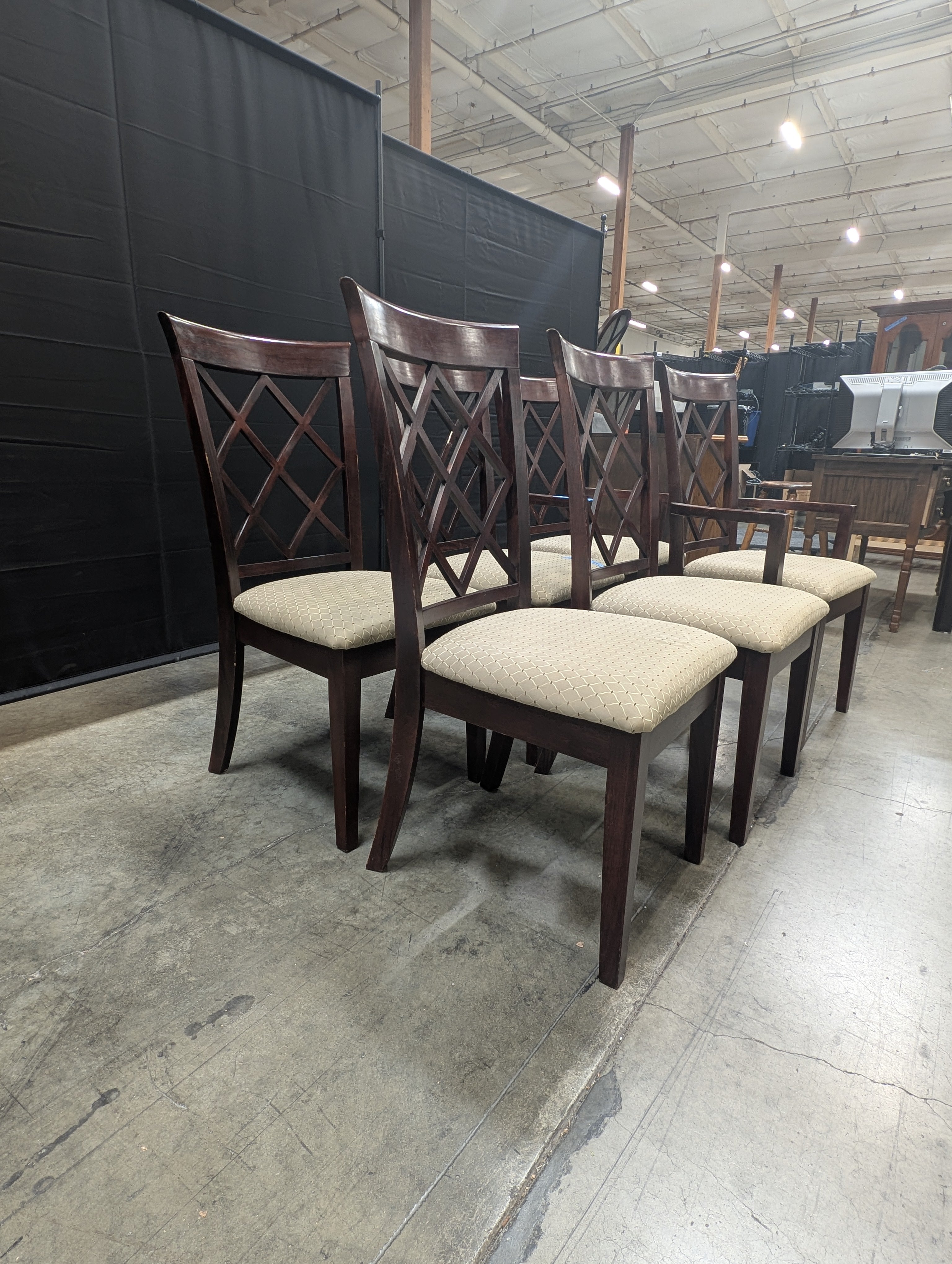Set of Six Dark Wood Lattice Back Dining Chair