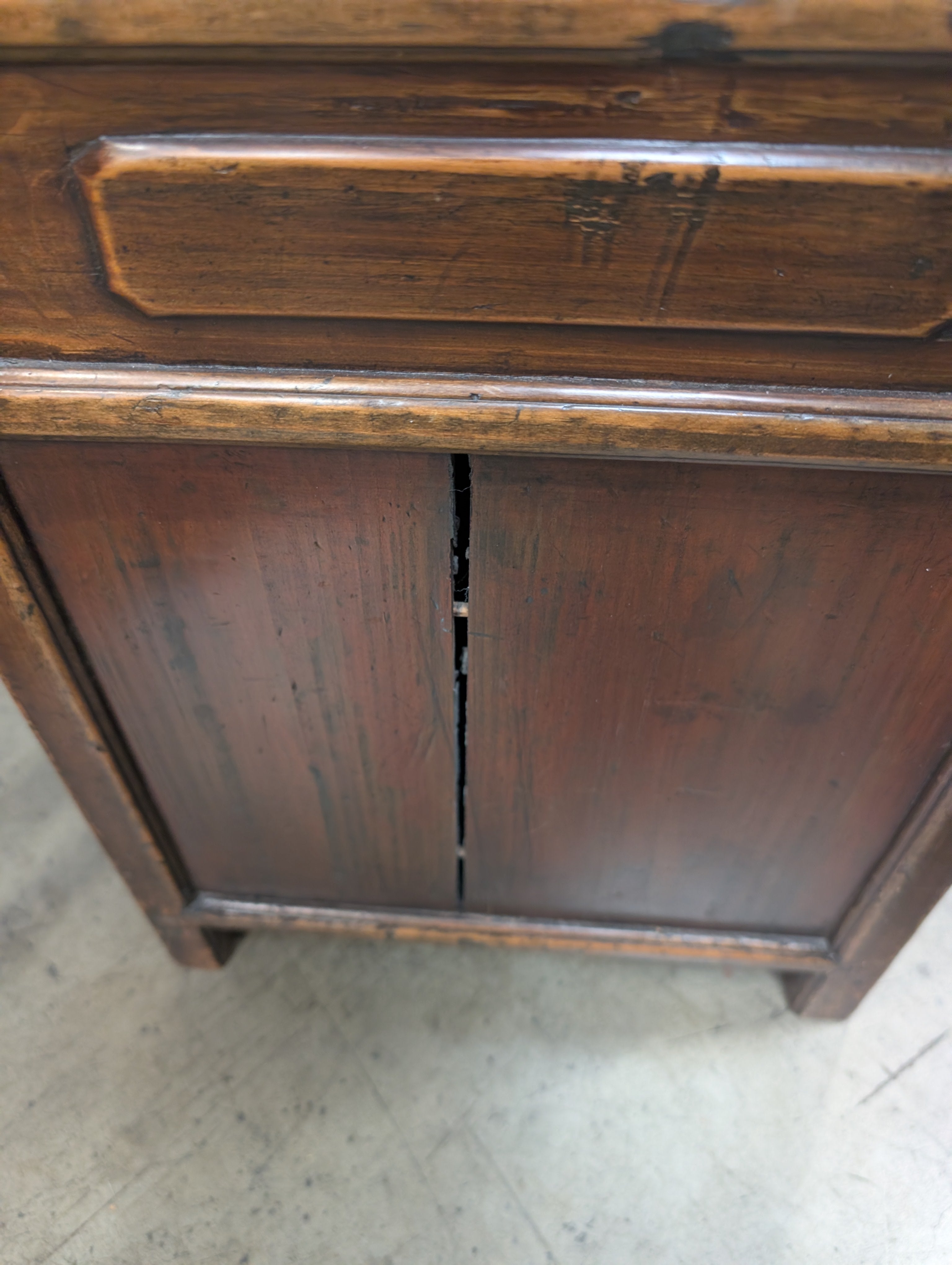 Rustic Asian Hardwood Display Stand with Drawer and Cabinet