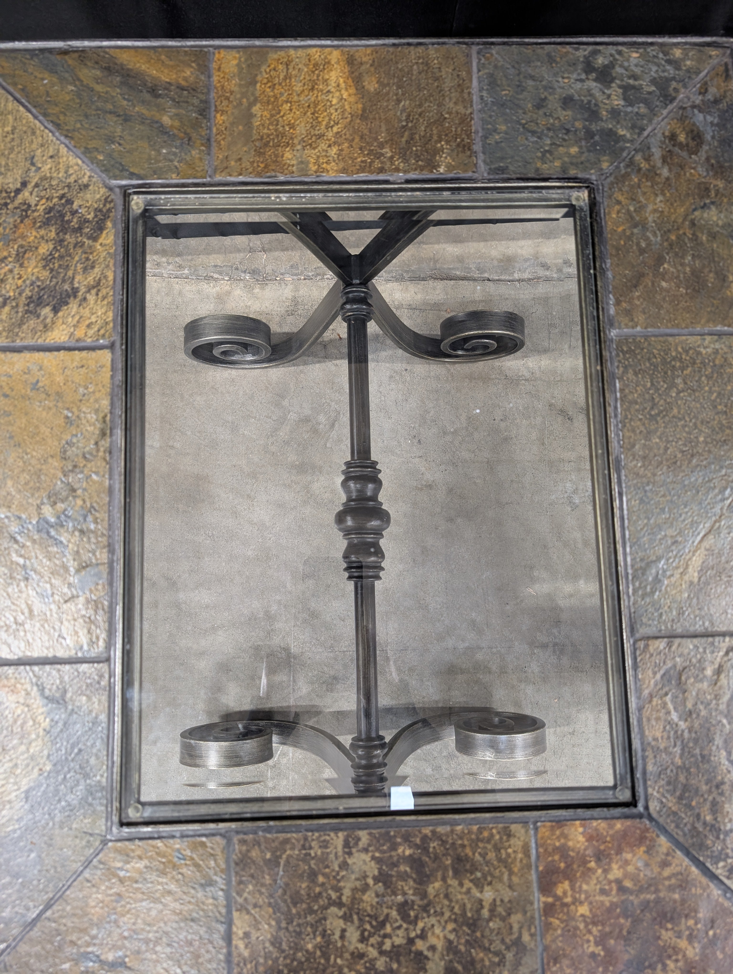 Industrial Style Square End Table with Stone and Glass Top