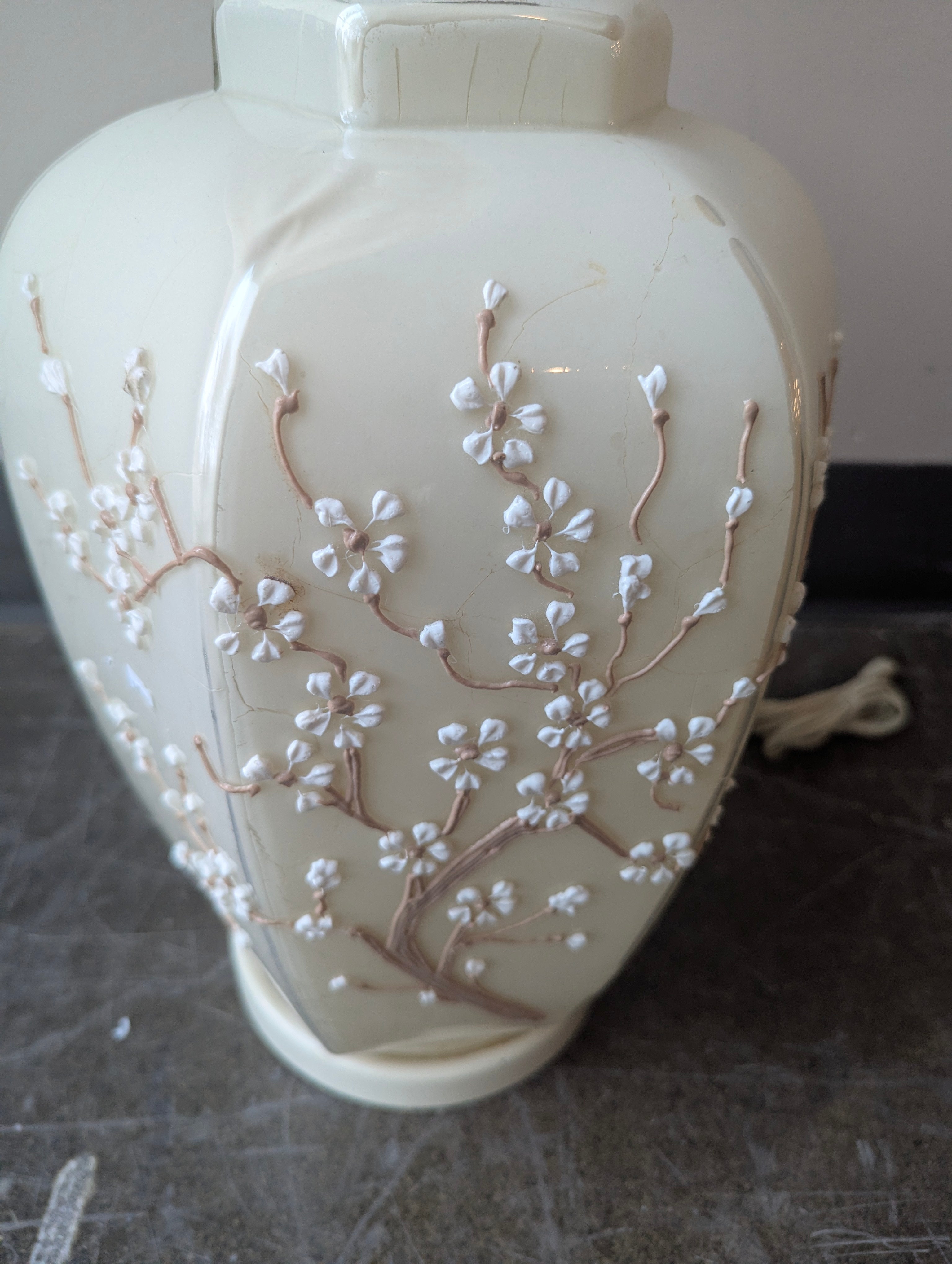 Vintage Cream Ceramic Table Lamp with Cherry Blossom Relief Design