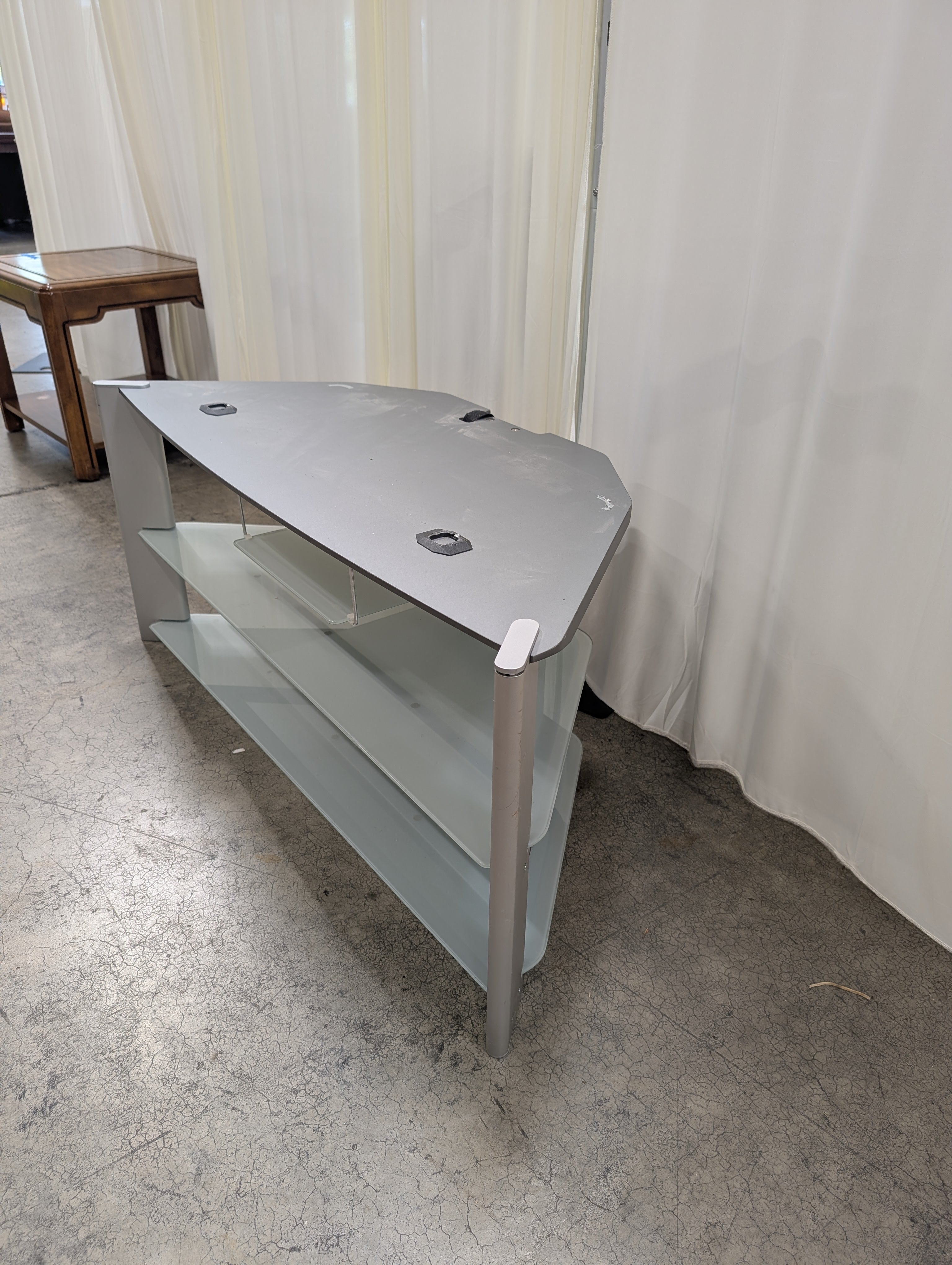 Modern Silver Metal Multi-Tier TV Stand with Frosted Glass Shelves