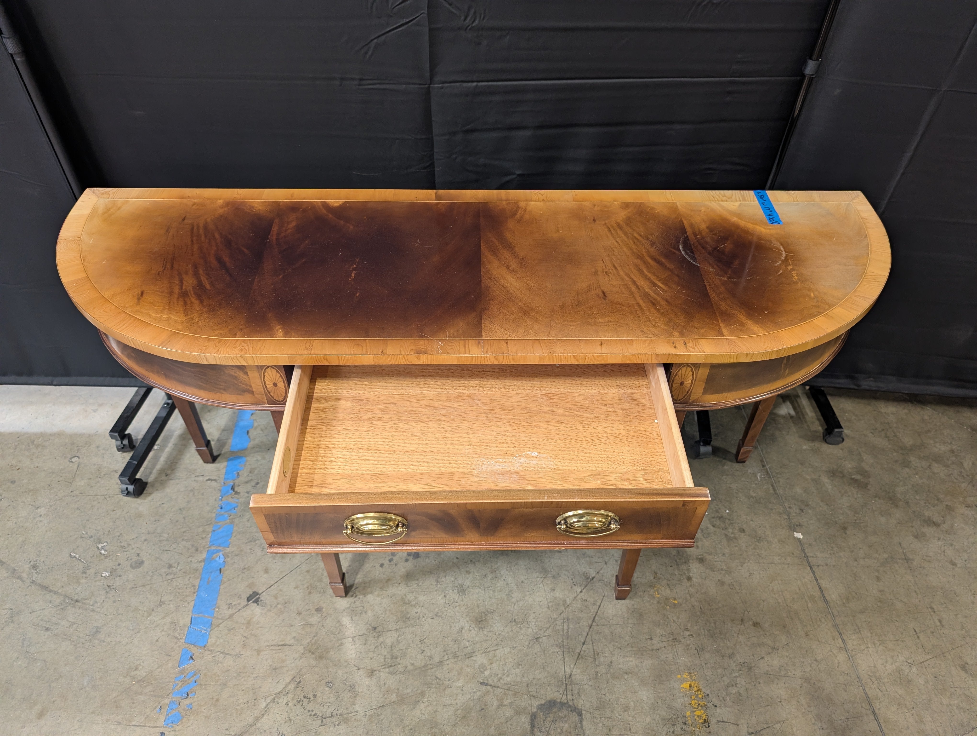 Traditional Half-Moon Wood Console Table with Brass Pulls