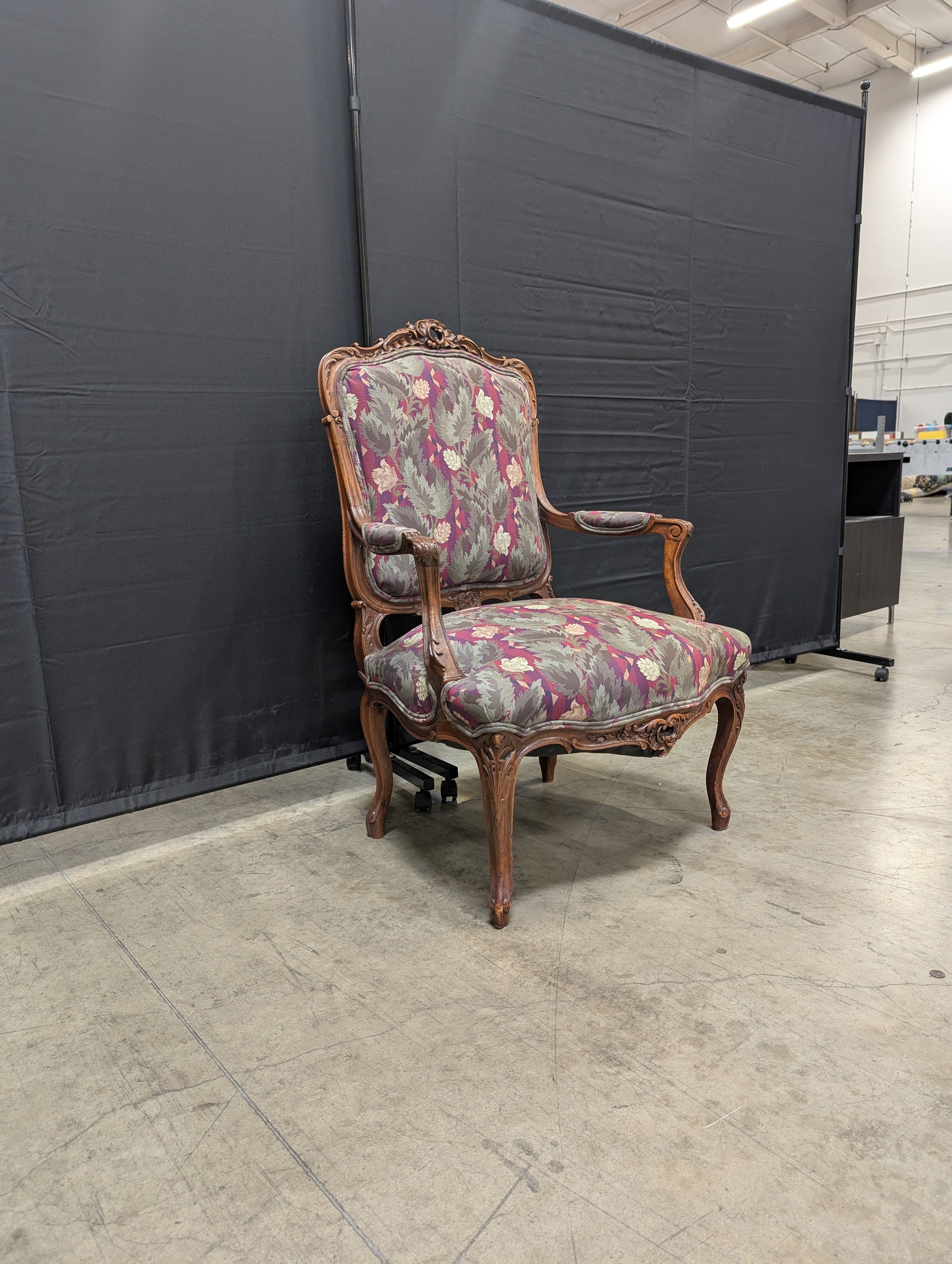 Vintage Carved Wood Armchair with Botanical Upholstery