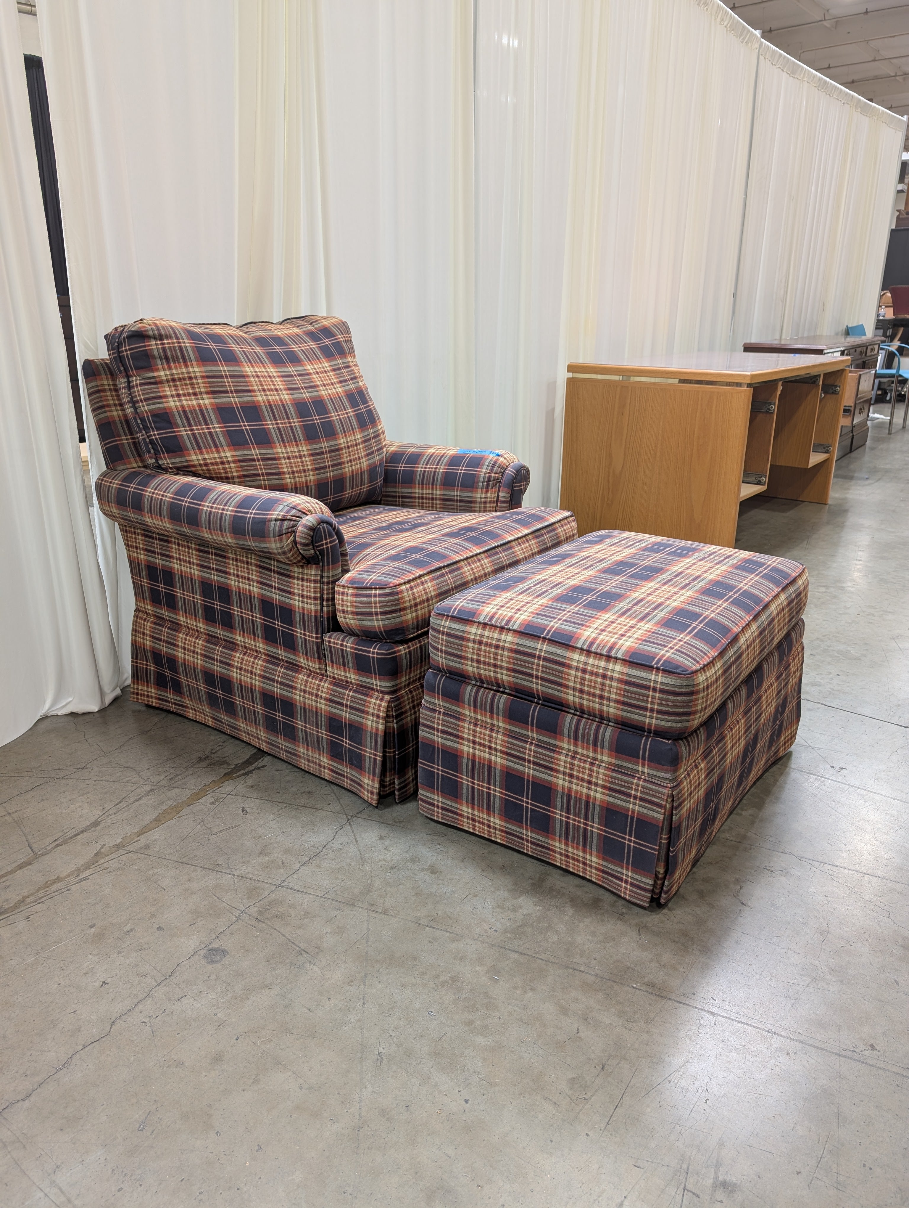 Ethan Allen Multi-Color Plaid Textile Armchair and Ottoman