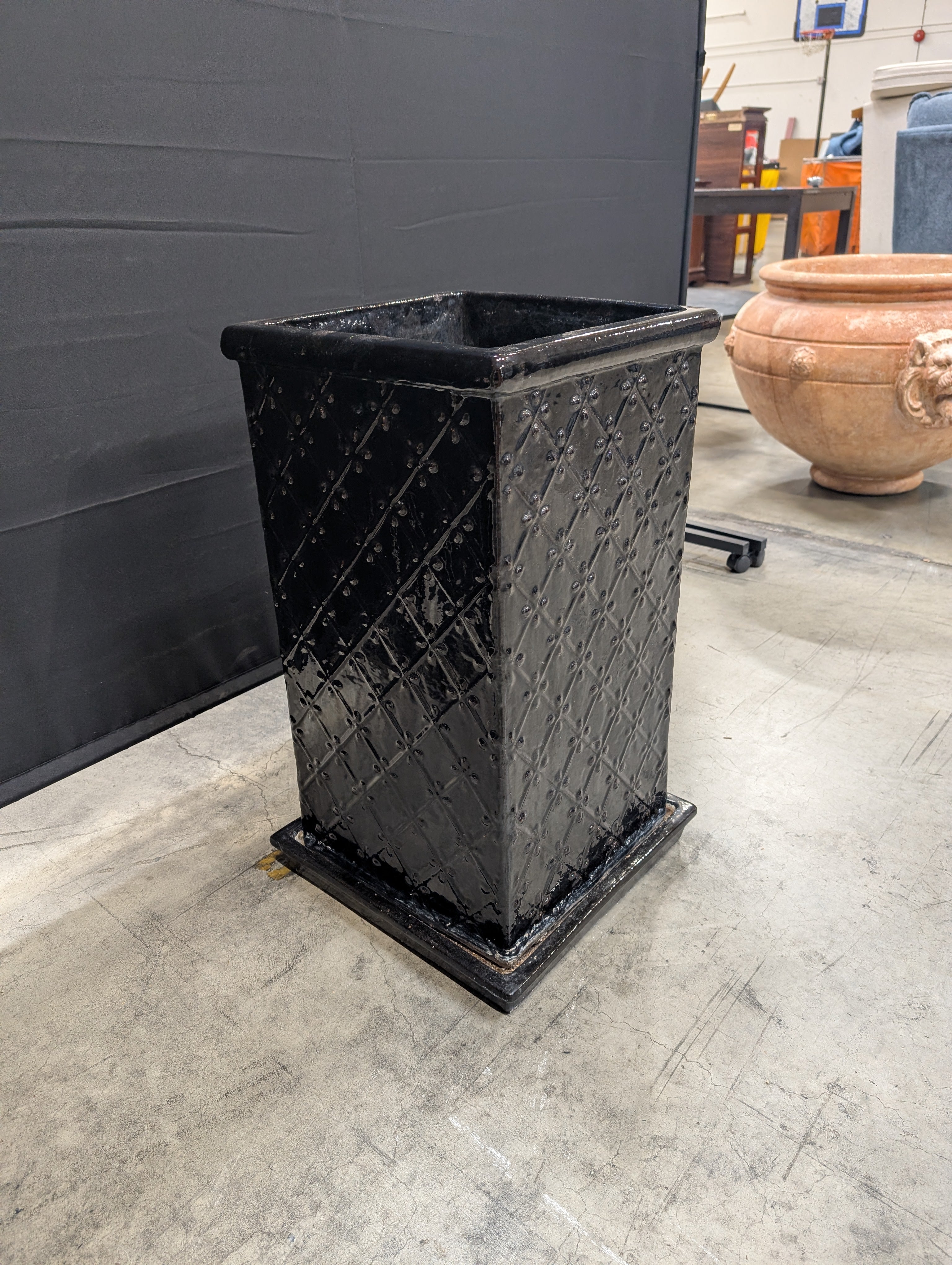 Tall Black Glazed Ceramic Planter with Diamond Pattern