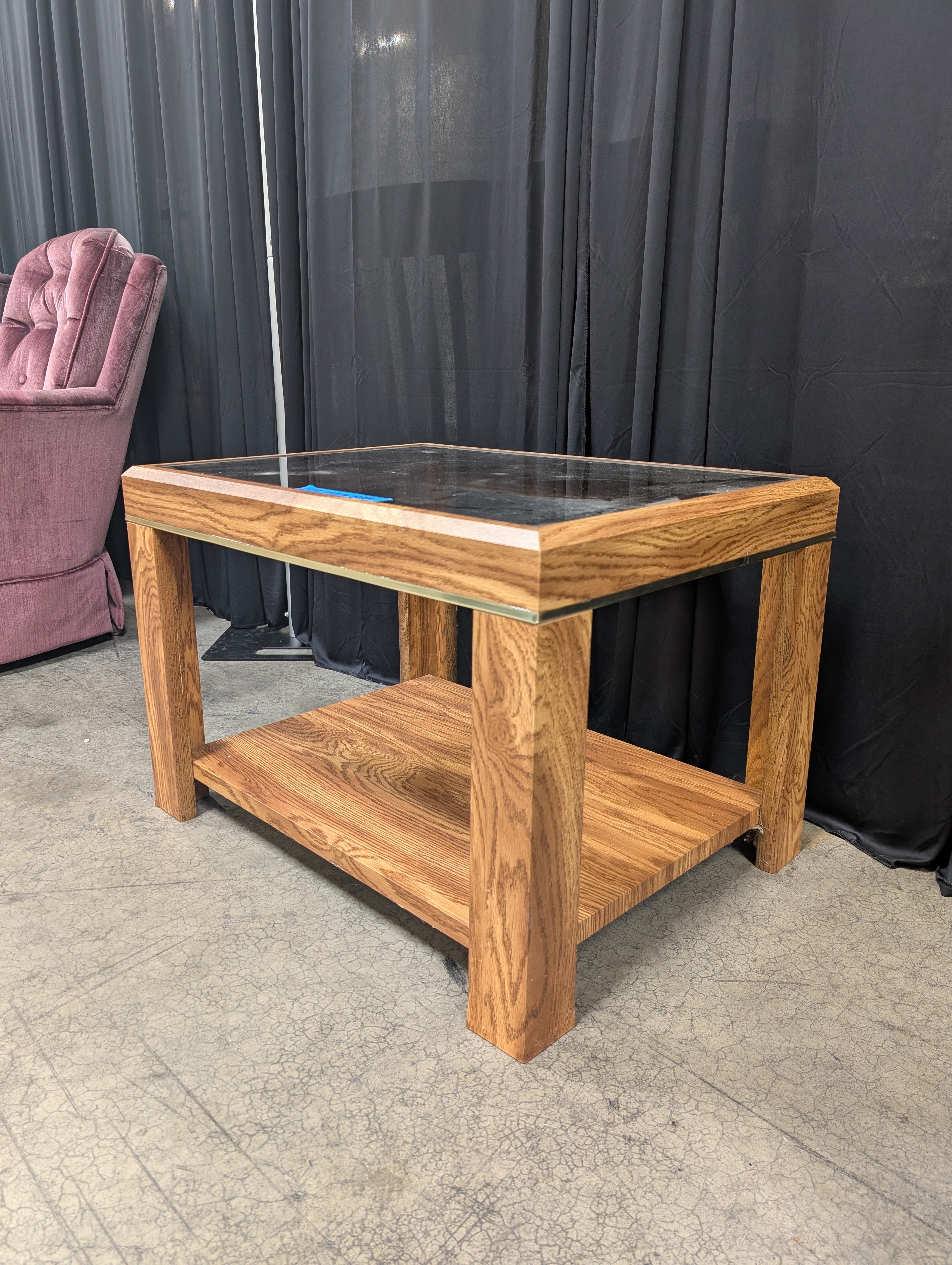 Mid-Century Oak End Table with Glass Top