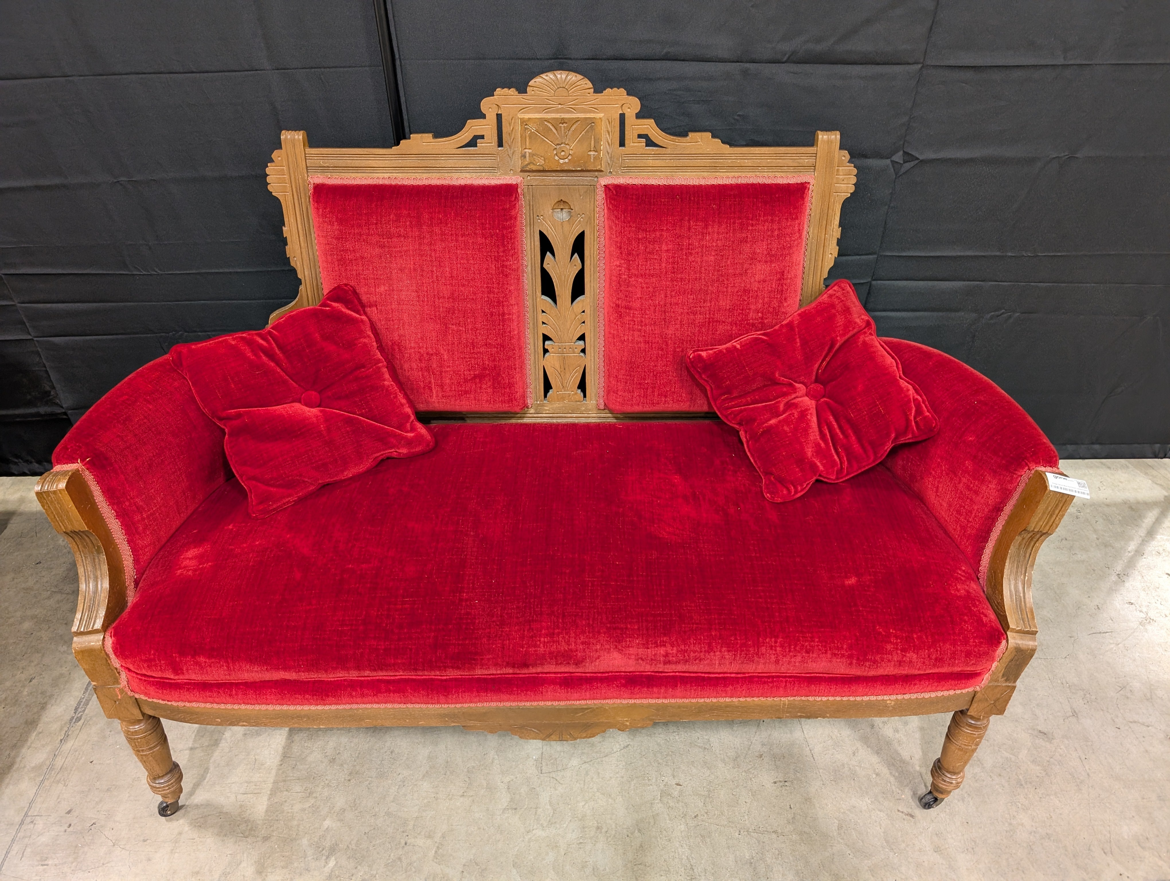 Vintage Carved Wood Red Velvet Loveseat Settee