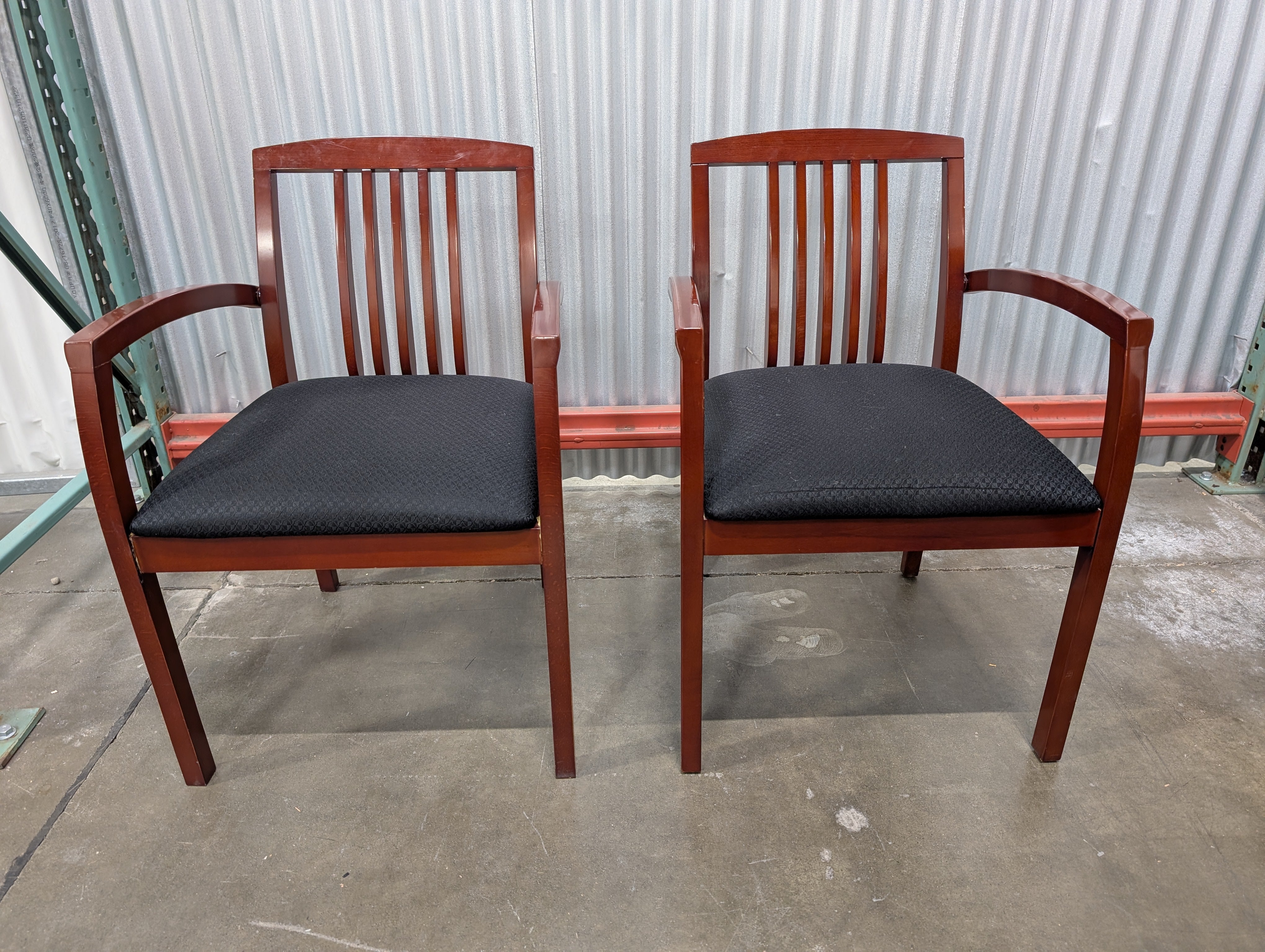 Pair of Dark Wood Armchairs with Woven Fabric Seats