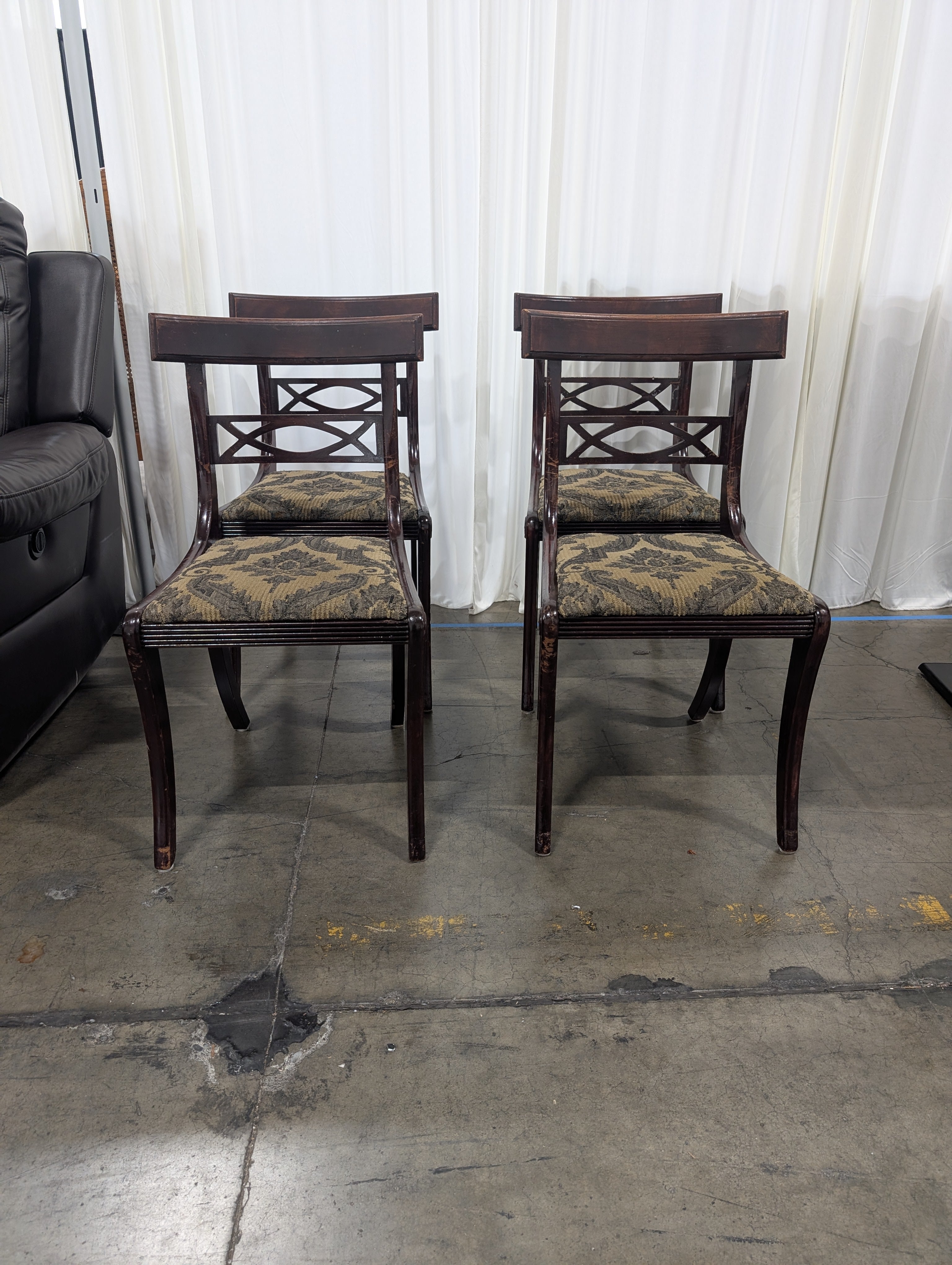 Set of Four Dark Wood Upholstered Dining Chair with X-Back
