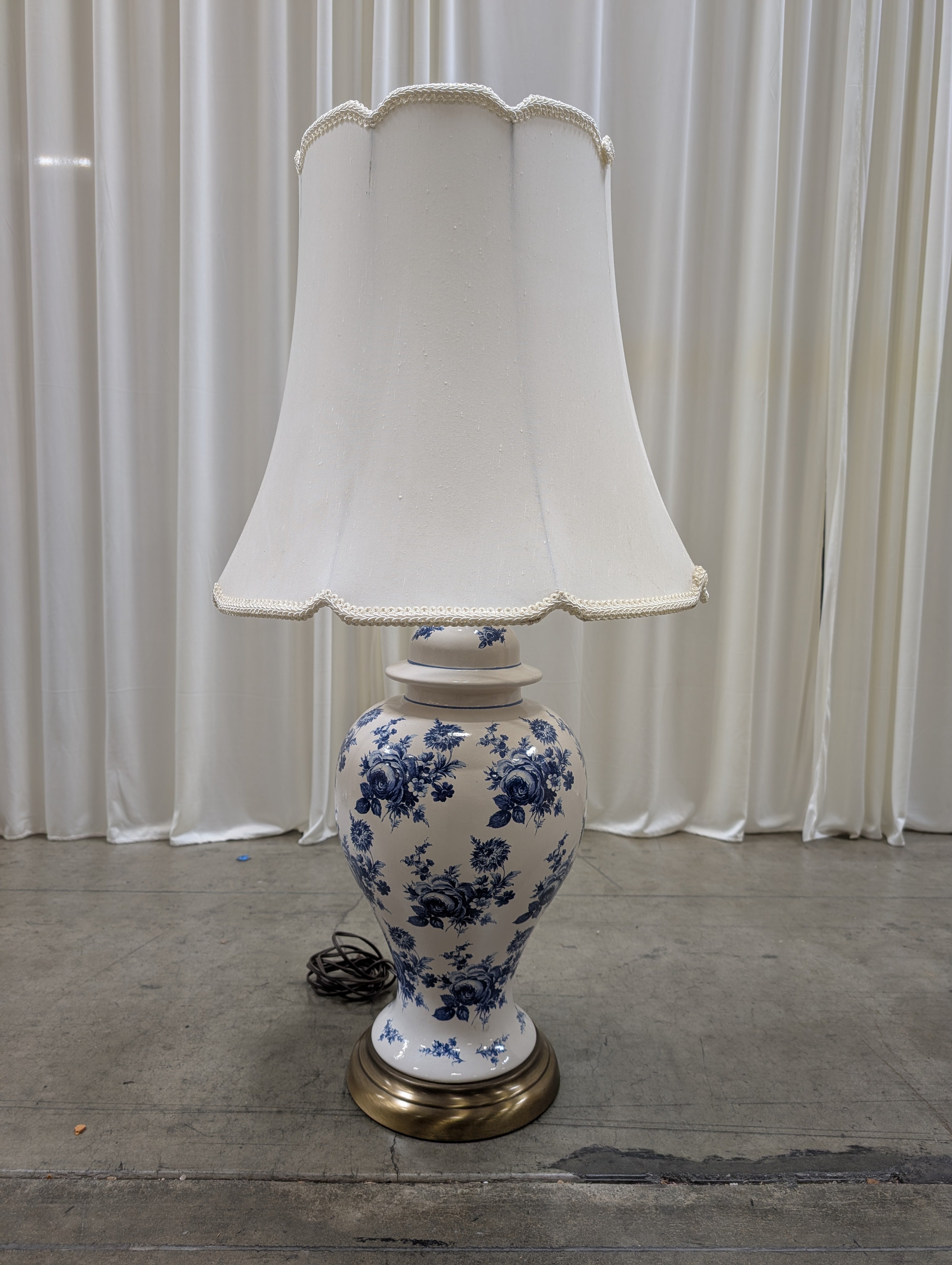 Blue and White Floral Porcelain Table Lamp with Scalloped Shade