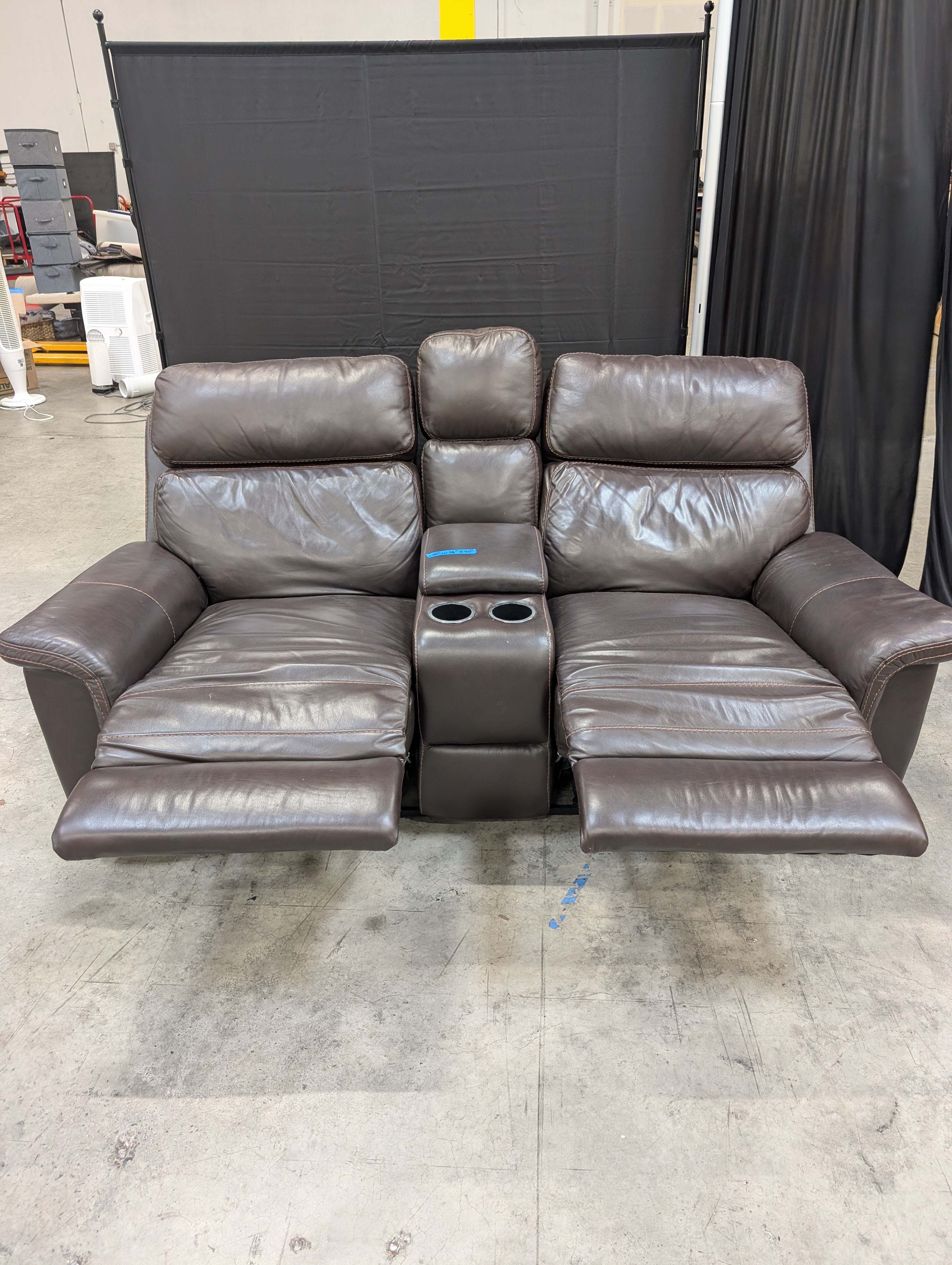 Brown Leather-Look Reclining Couch with Cup Holders