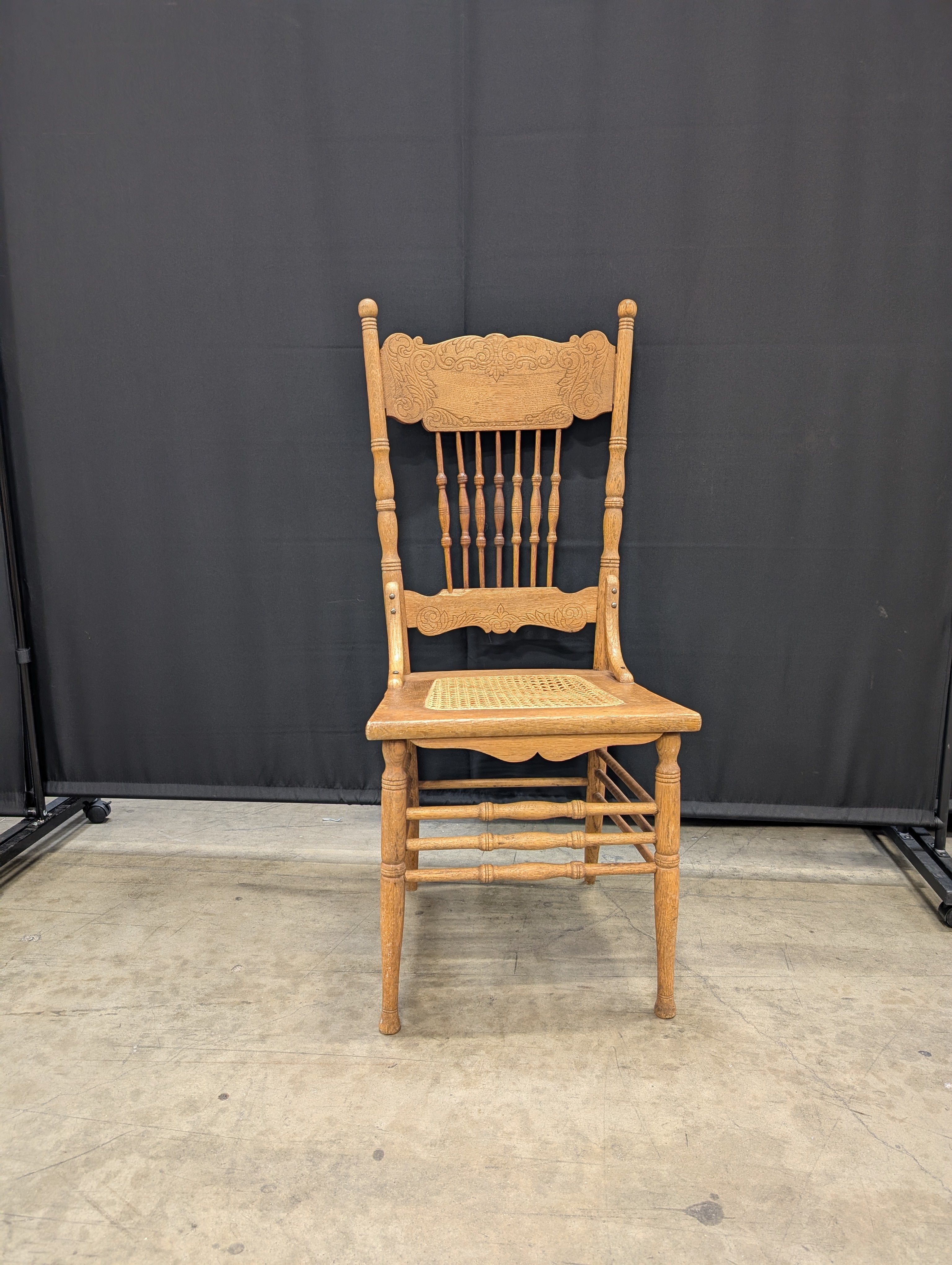 Vintage Carved Wood Spindle Back Cane Seat Chair