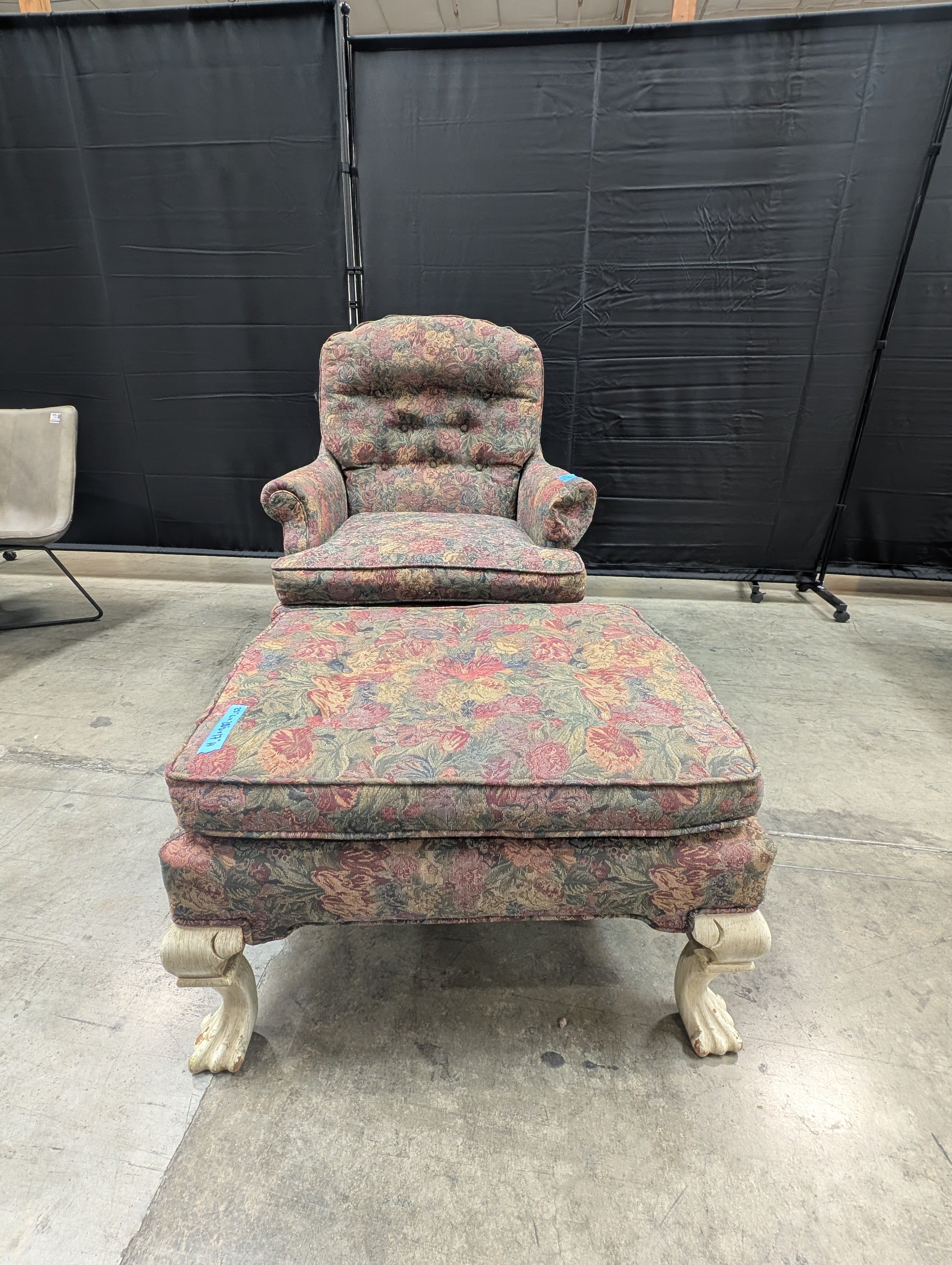 Used Traditional Floral Pattern Upholstered Armchair with Claw Feet
