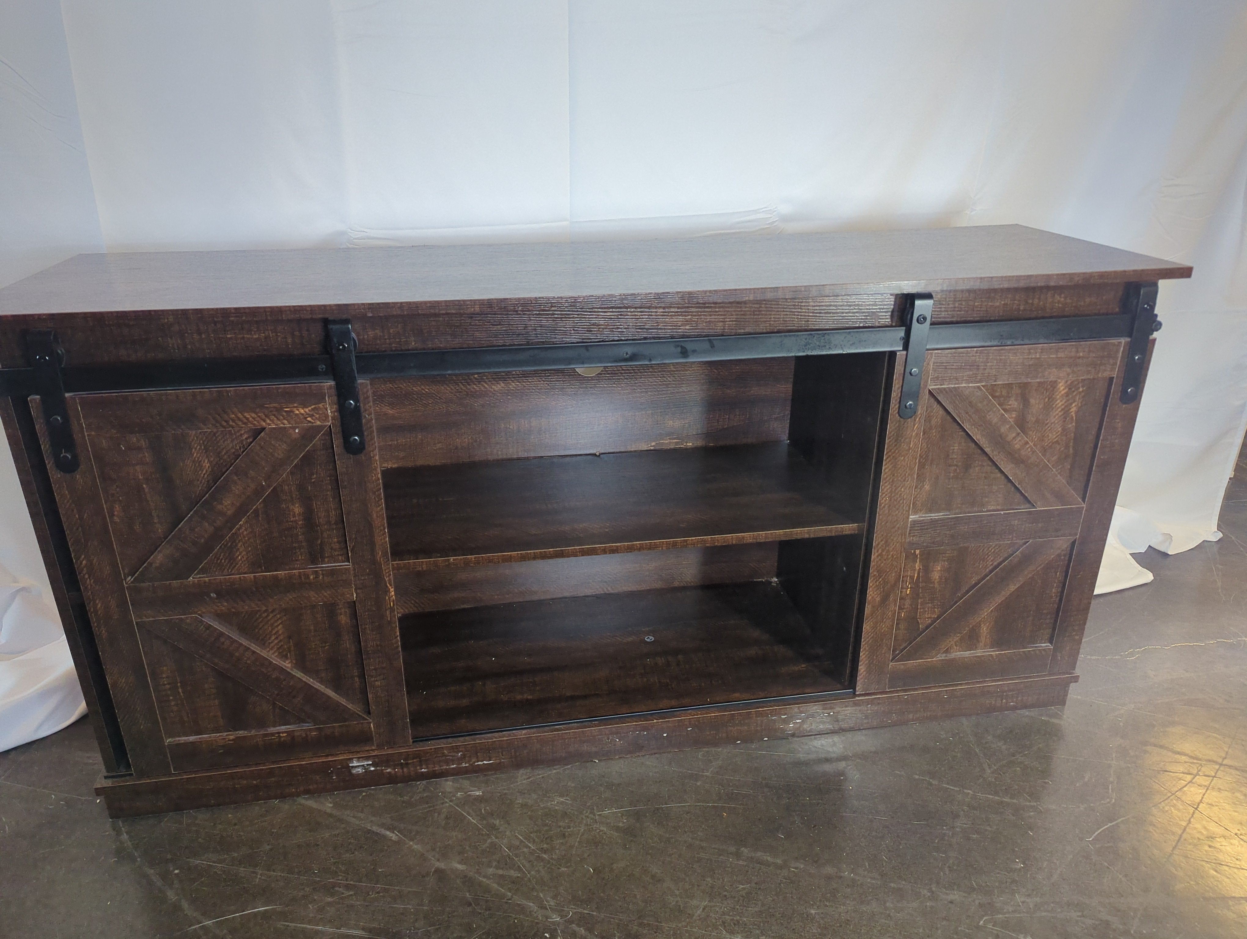 Media console table with barn doors