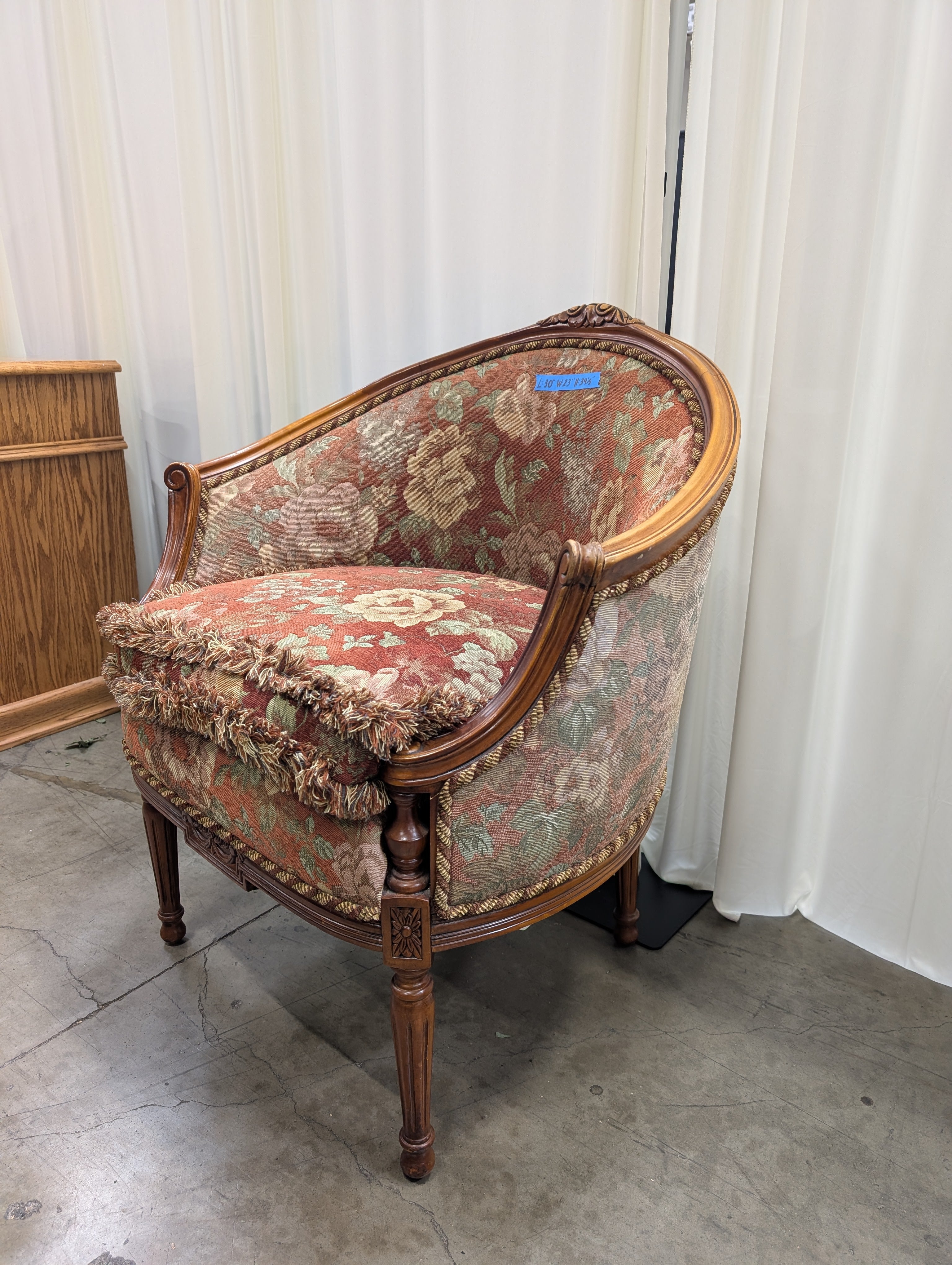French Provincial Floral Tapestry Armchair with Fringe