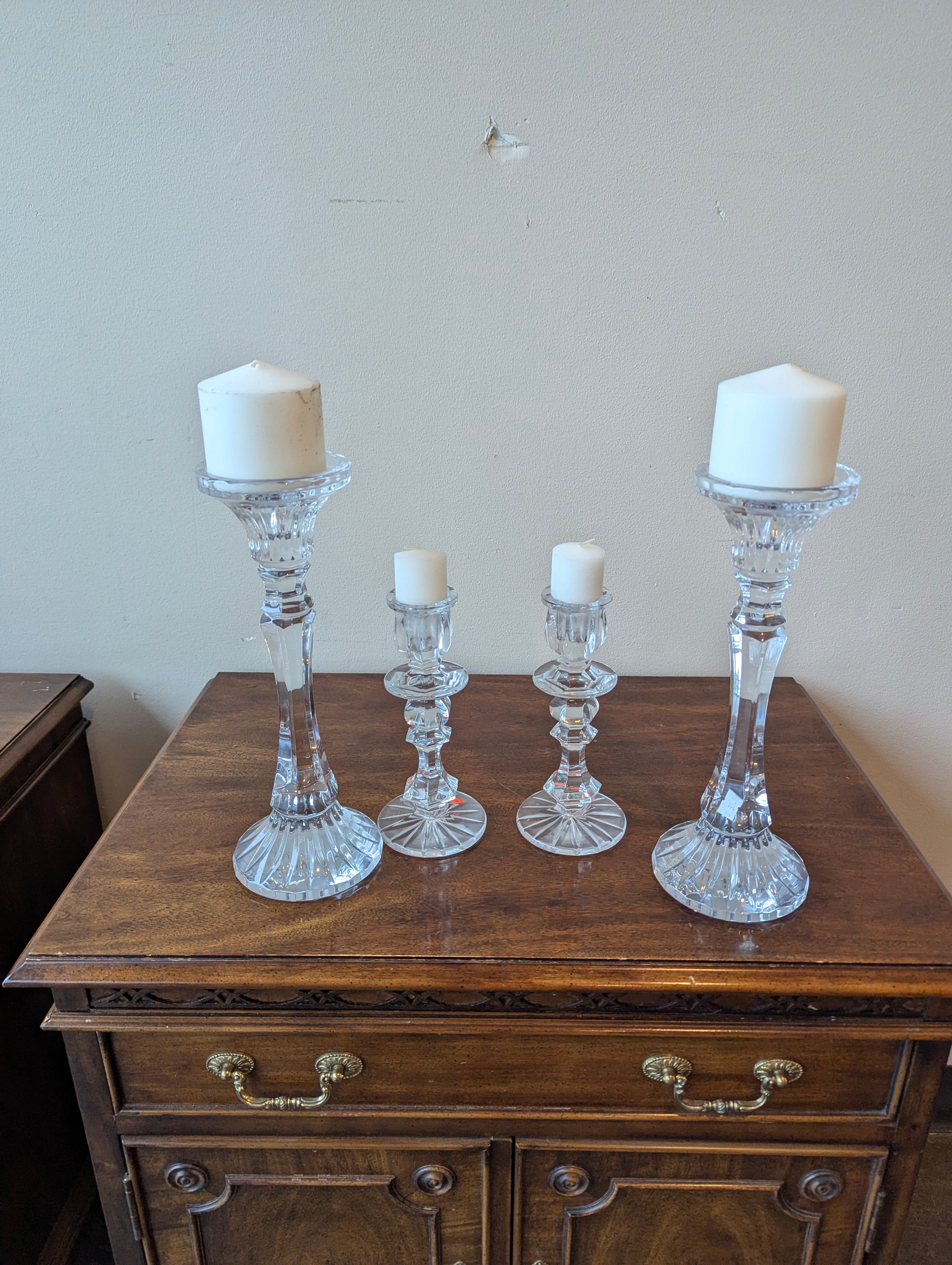 Assorted Clear Glass Candle Holder Set - Four Decorative Pillar Holders